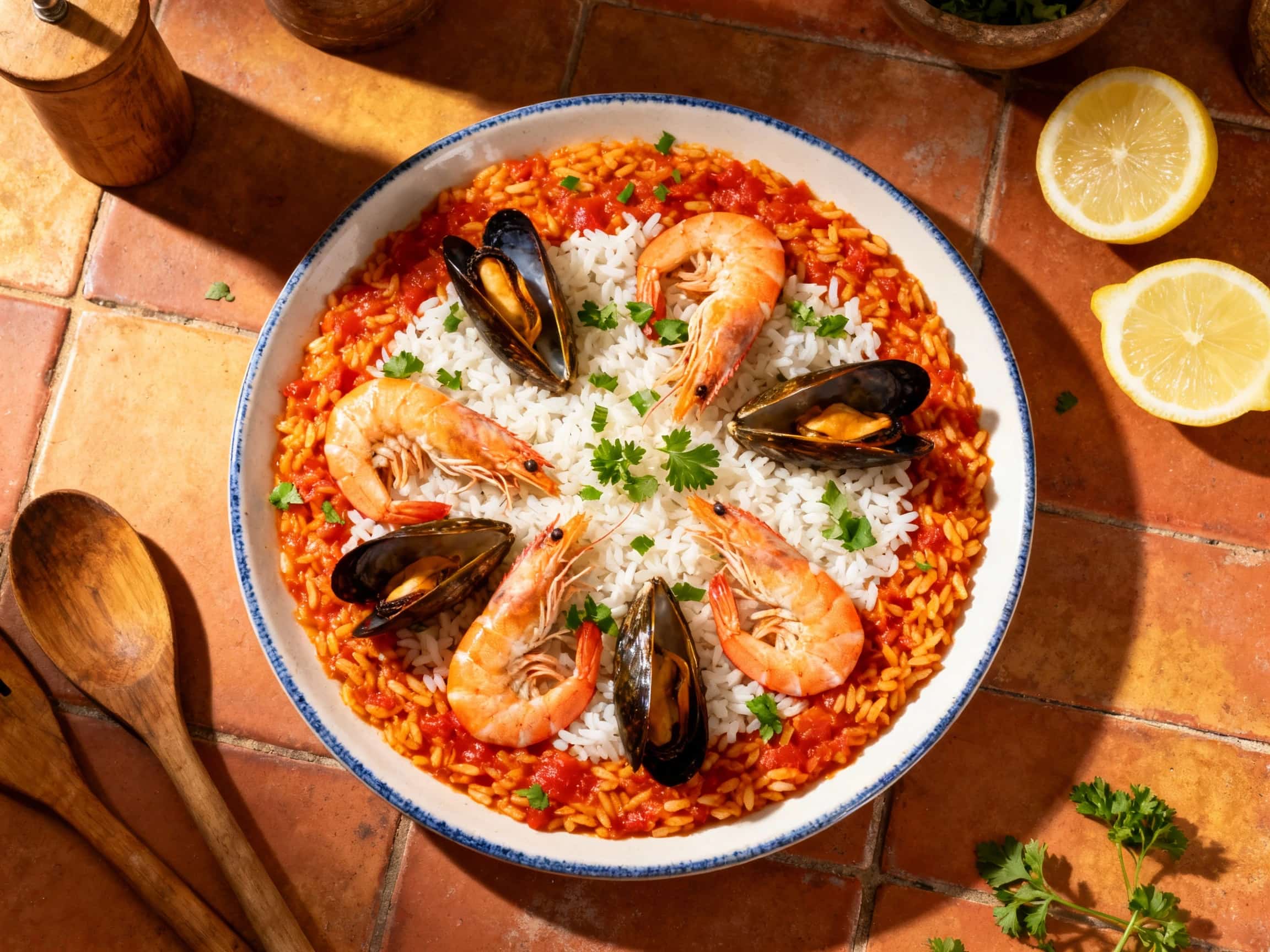 A rustic, earthenware bowl overflows with vibrant Algarve-style seafood rice, studded with mussels, clams, and shrimp, garnished with fresh parsley and a lemon wedge.