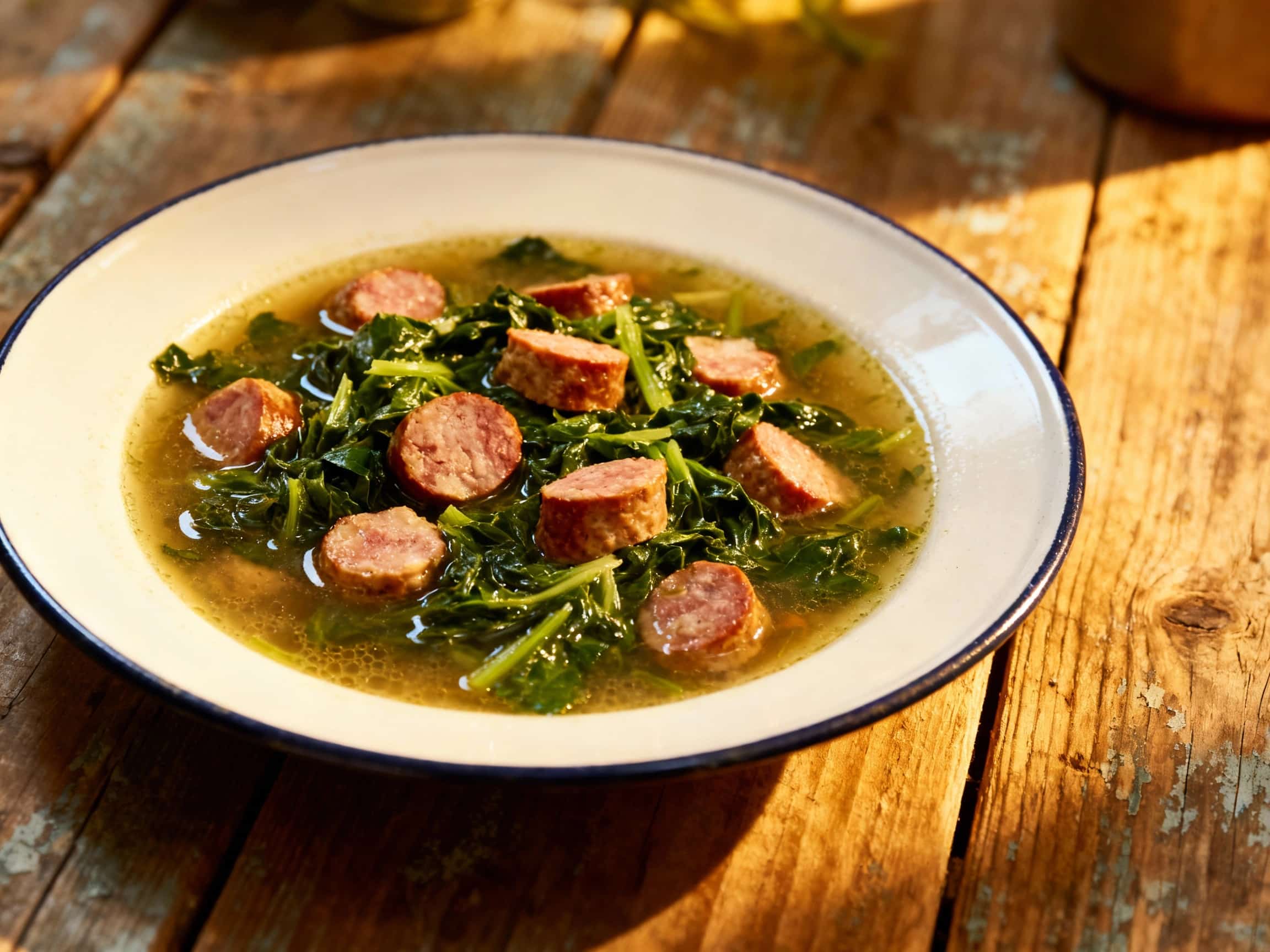 A hearty Portuguese alheira sausage and kale stew simmers in a rustic clay pot, emitting a comforting, warm glow.
