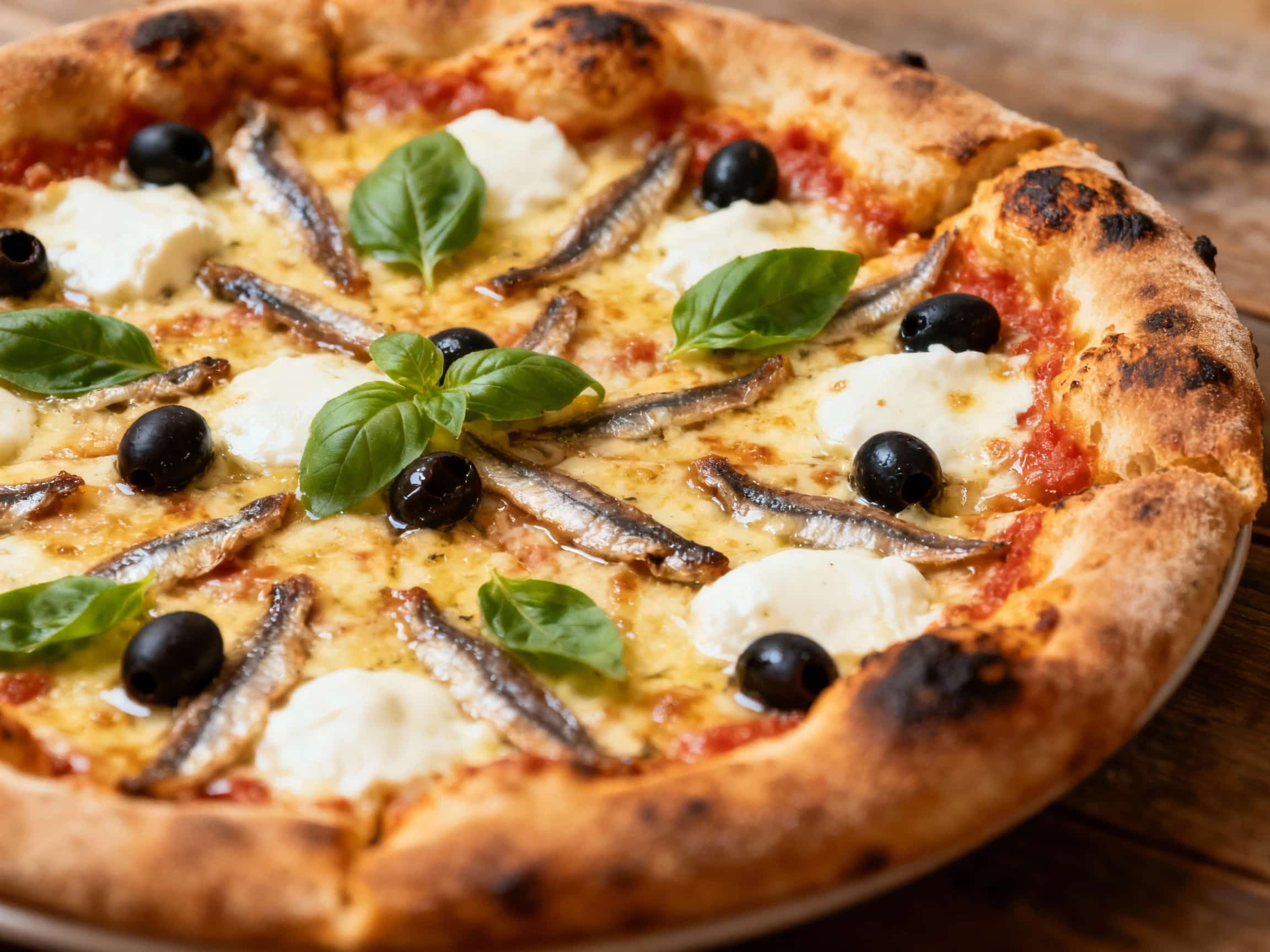 A rustic rectangular Sicilian pizza, topped with glistening anchovies, briny black olives, and a sprinkle of fresh herbs, sits on a dark wooden board, ready to be enjoyed.