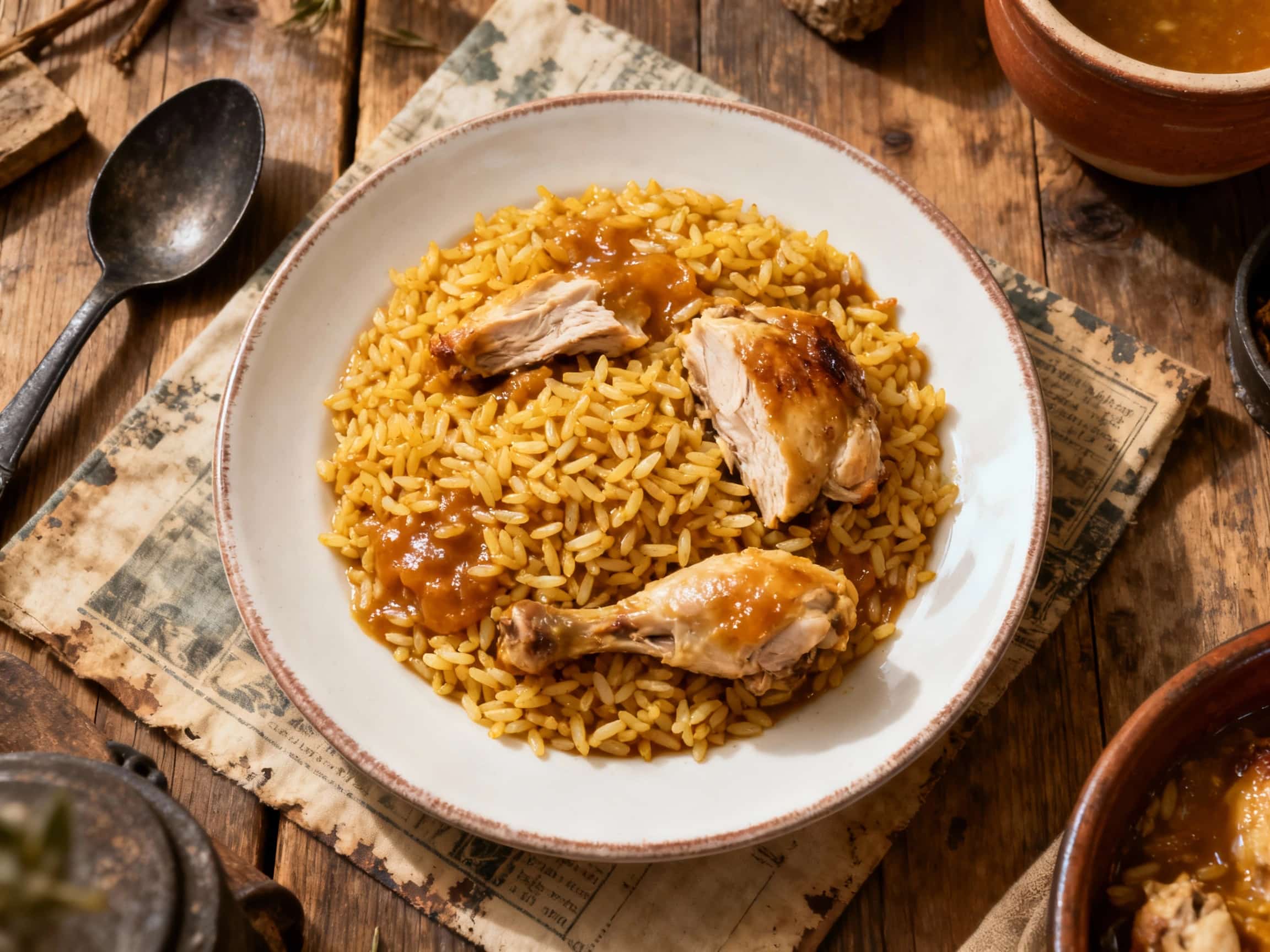 Tender chicken pieces swim in a rich, dark, and savory rice, stained deep red from the blood, glistening under warm light, served traditionally in a rustic earthenware bowl.