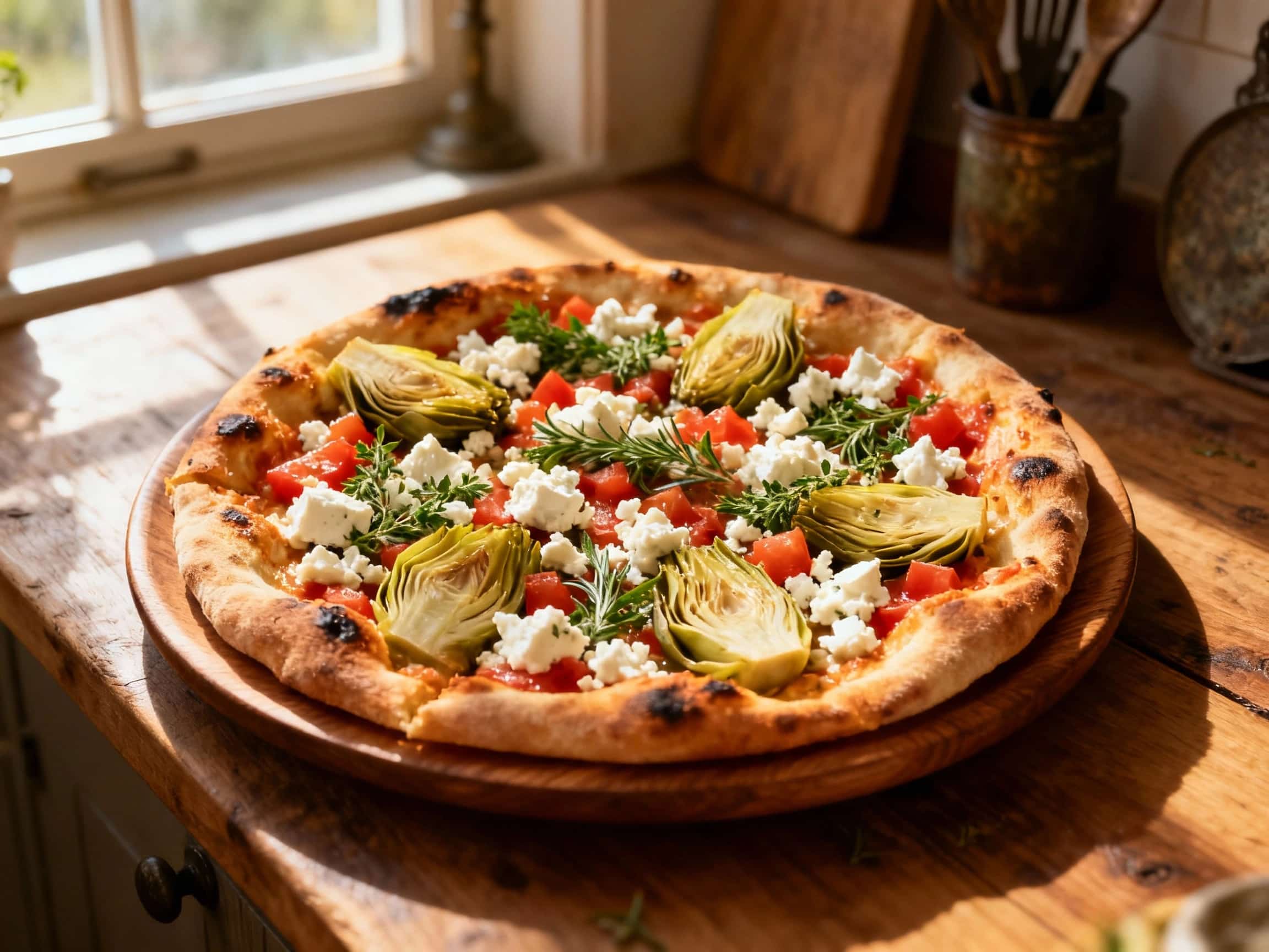 A beautiful Artichoke Feta Greek Pizza, freshly baked and served on a rustic wooden cutting board. The pizza is generously adorned with tender, green artichoke hearts, crumbled white feta cheese, dark, briny Kalamata olives, and thin slices of red onion. A scattering of fresh chopped dill and dried oregano adds a vibrant herbal aroma and visual appeal. The golden-brown crust suggests a satisfyingl