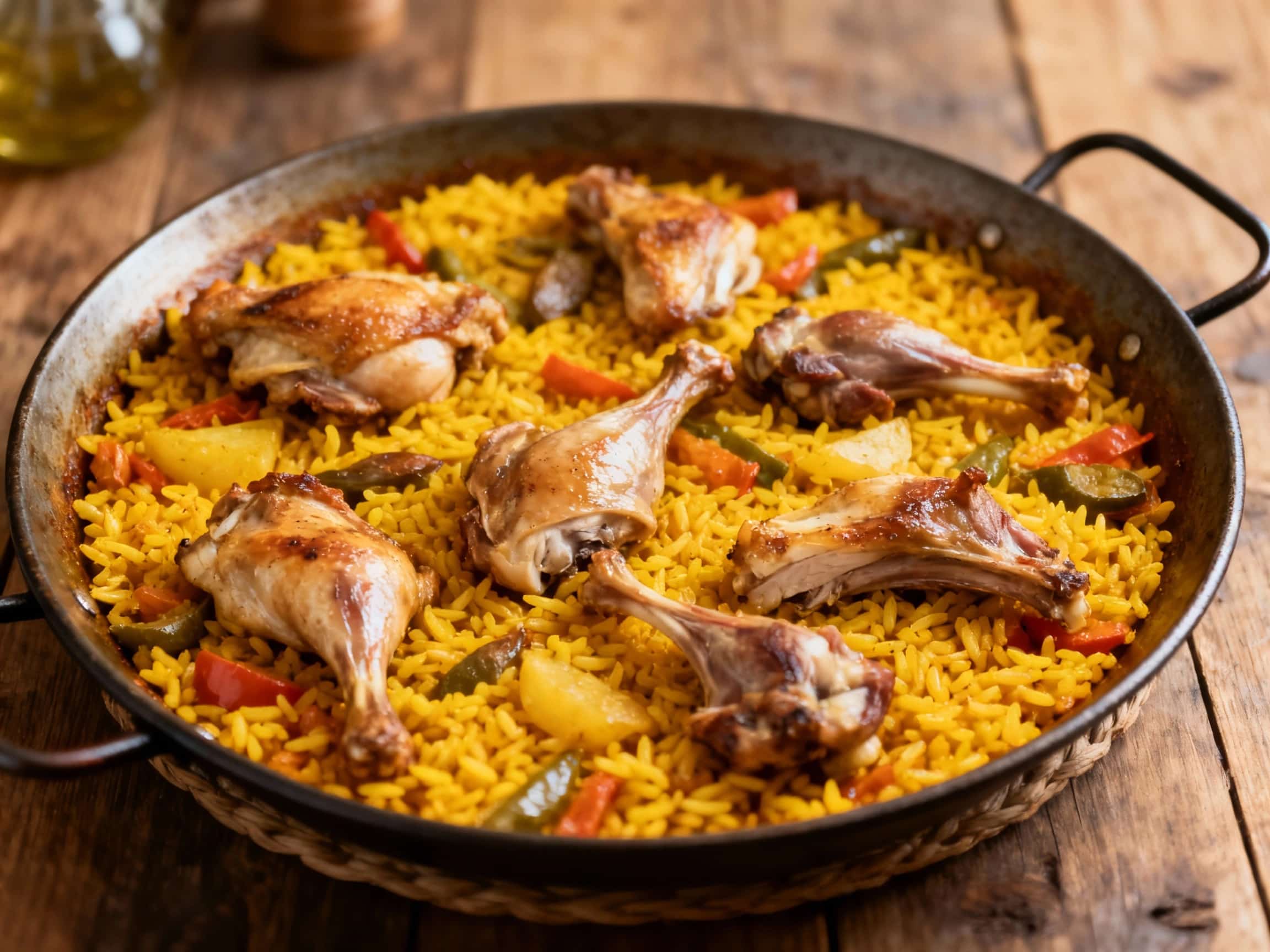 A vibrant pan of authentic Paella Valenciana, generously adorned with succulent chicken, rabbit, green beans, and lima beans, is a feast for the eyes, ready to be enjoyed.