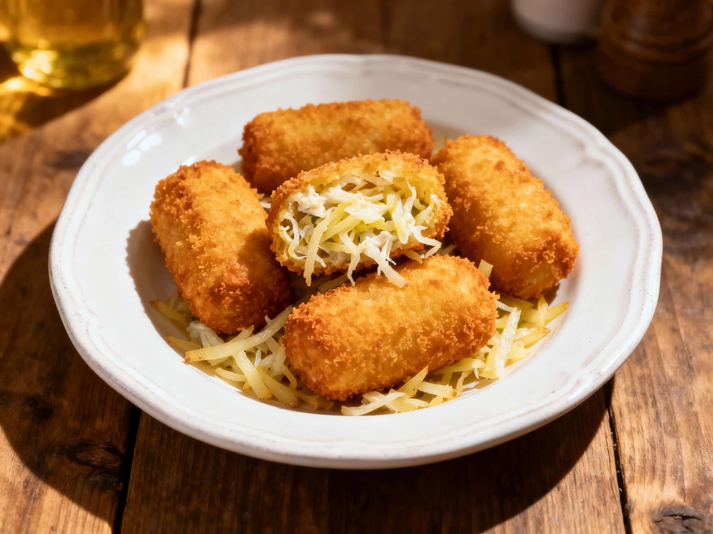 Golden-brown bacalhau à brás croquettes are artfully arranged on a rustic wooden board, sprinkled with fresh parsley and served with a side of bright aioli.