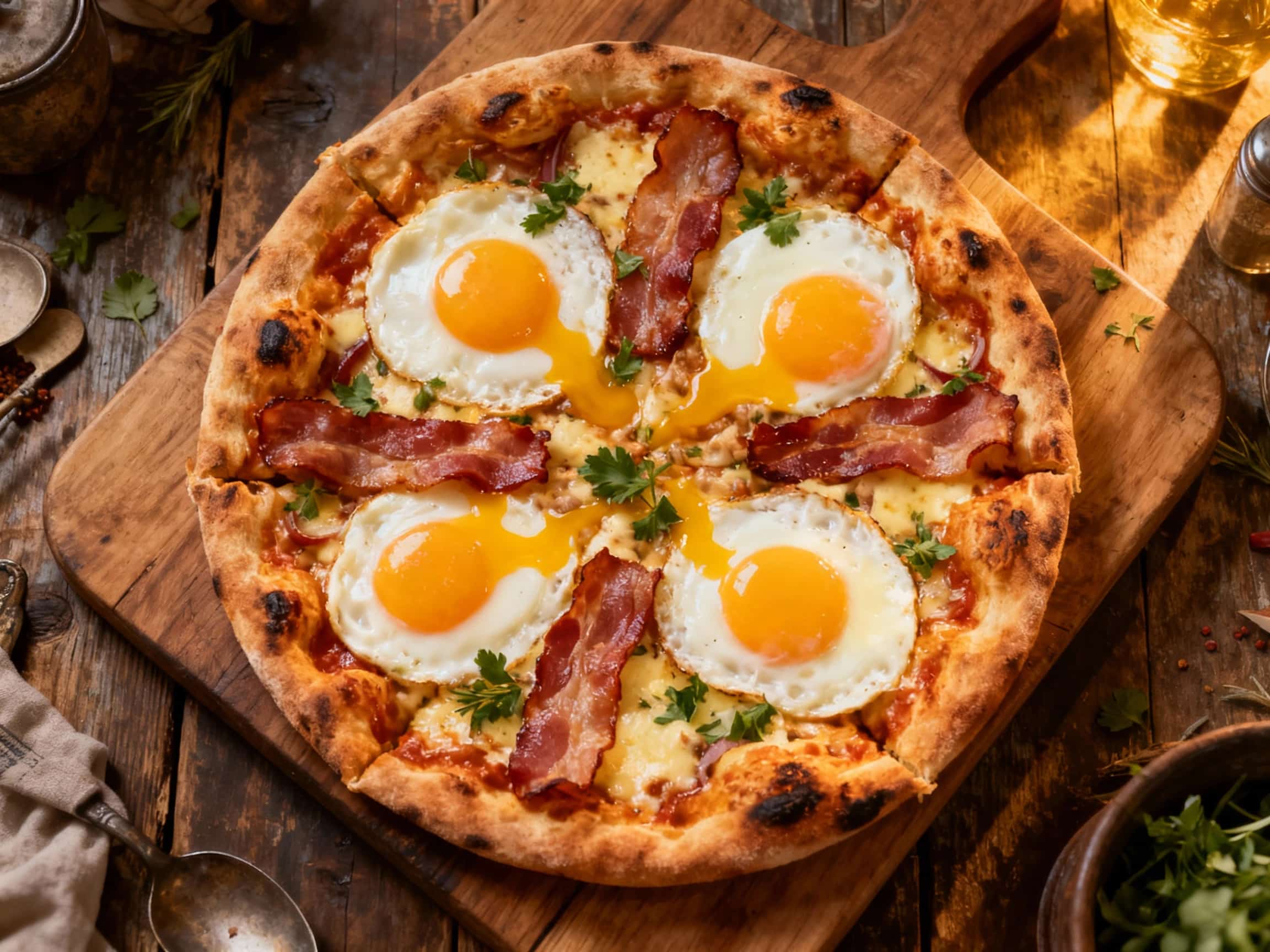 A delicious Bacon and Egg Brazilian Pizza, seen from directly above, with a golden-brown crust, covered in melted mozzarella, crispy bacon bits, and four sunny-side-up eggs. It is garnished with red onion slices, black olives, and fresh parsley, presented on a wooden surface.