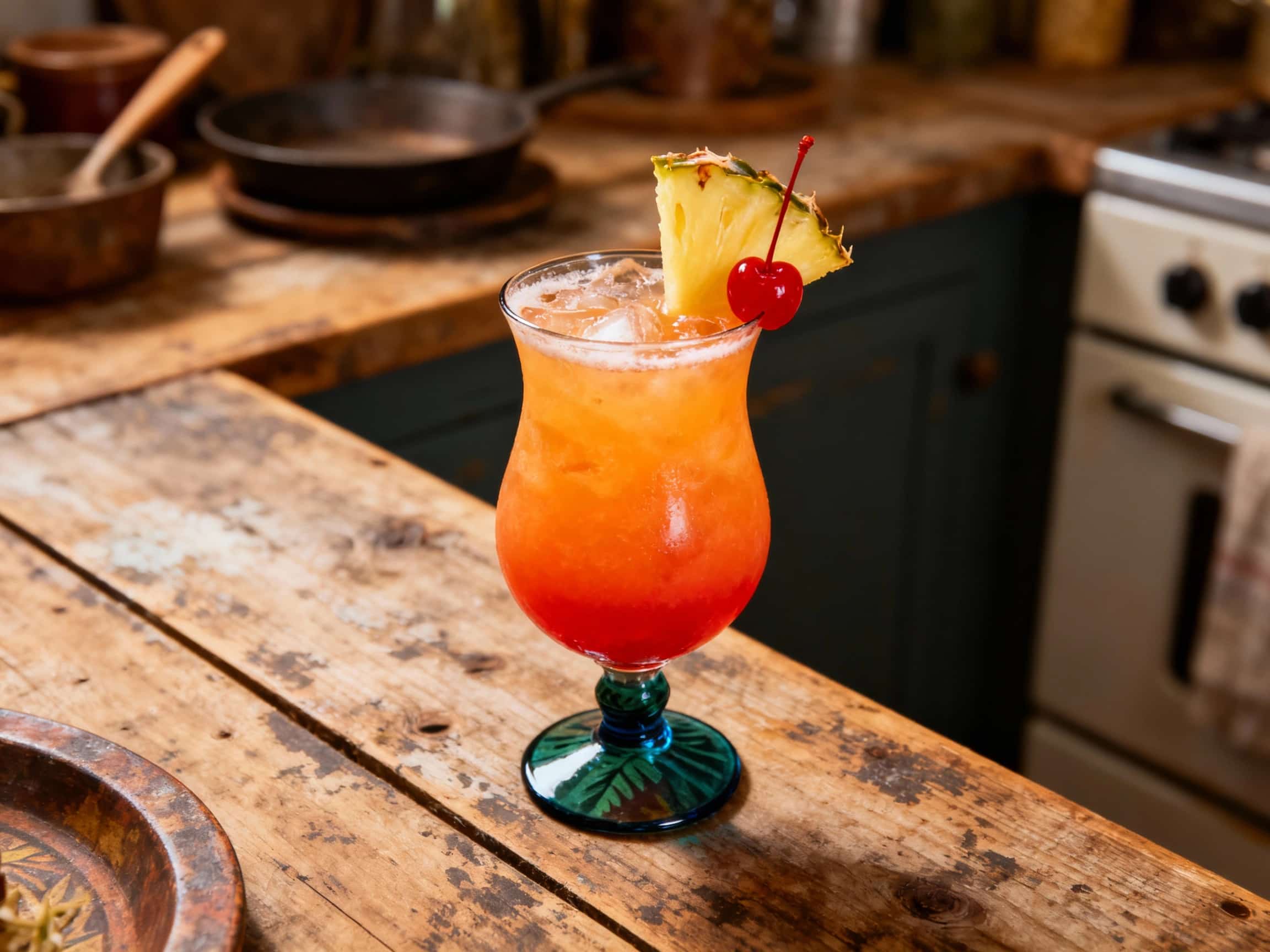 A vibrant, layered Bahama Mama cocktail is served in a tall glass, showcasing its tropical orange and red hues with a dark rum float and a bright cherry and orange slice garnish.