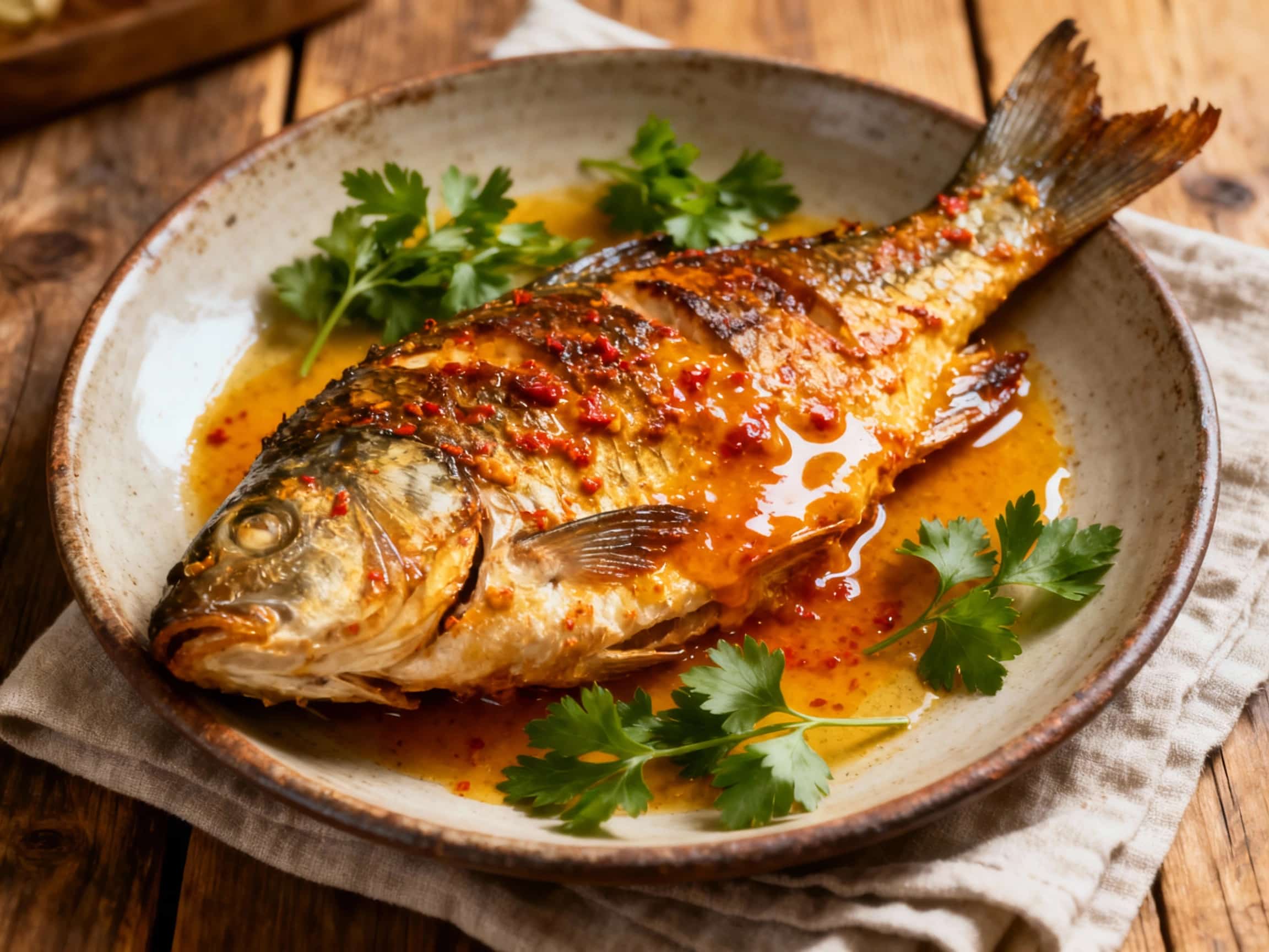 A whole baked carp with a glistening paprika butter glaze is presented on a rustic wooden board, garnished with fresh parsley and lemon slices, ready to be enjoyed.