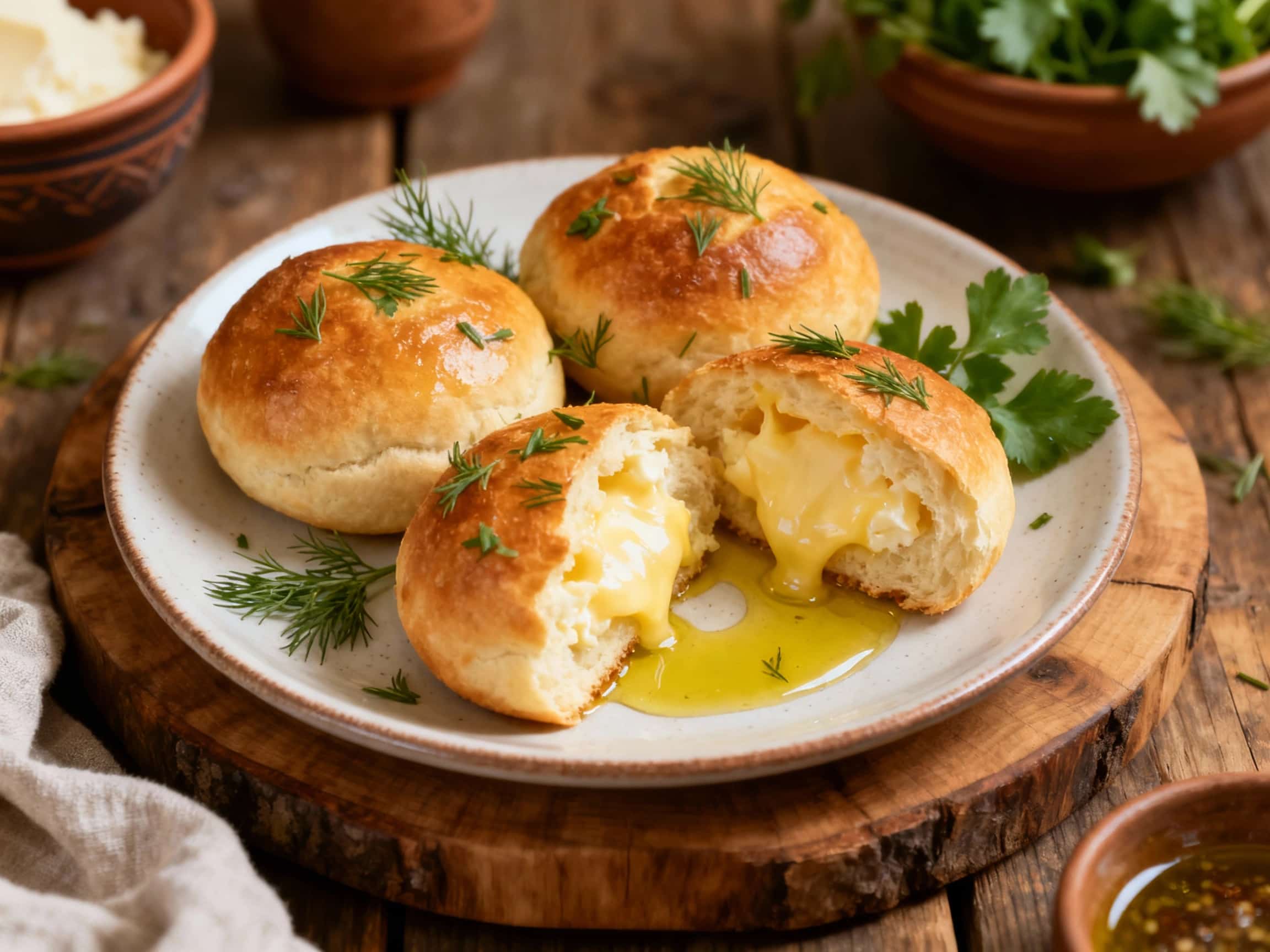 Golden-brown, fluffy Ukrainian pampushky are baked to a luscious melt, glistening with garlic butter and fresh dill, served steaming in a rustic ceramic dish.