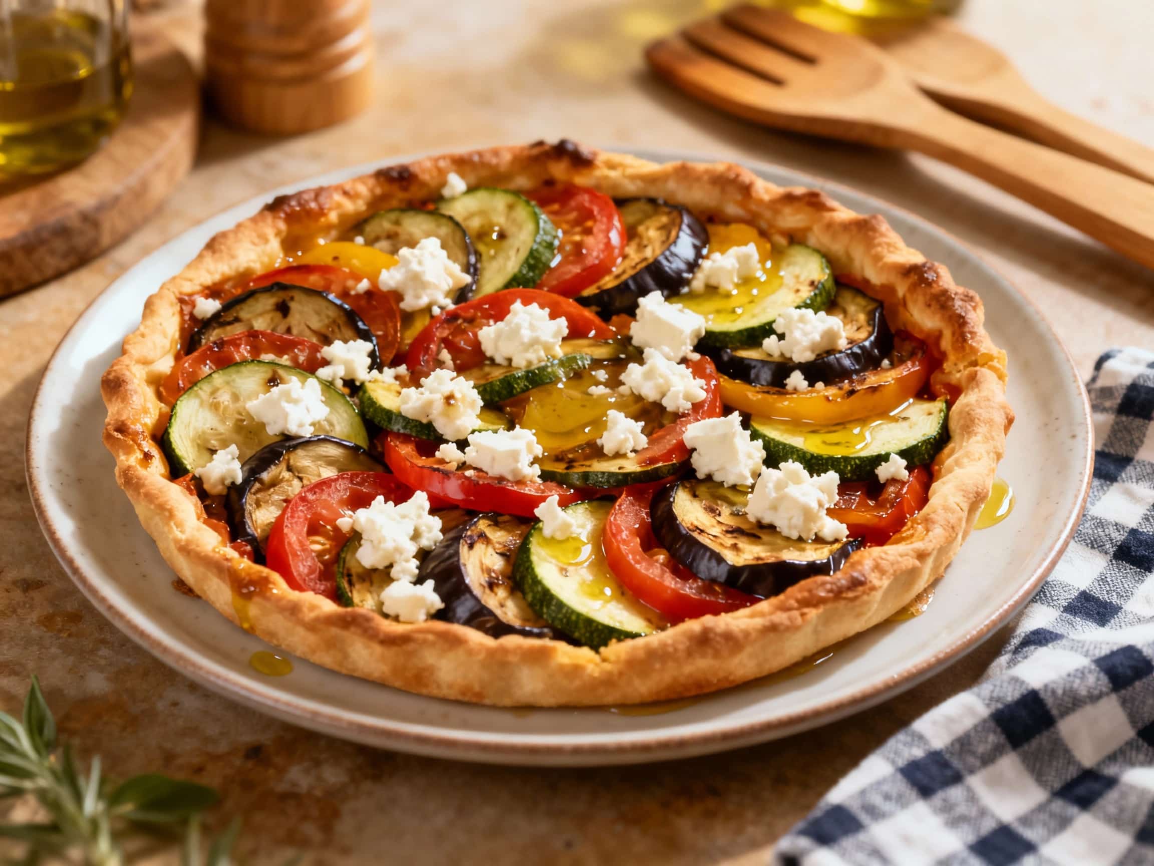 A rustic, free-form tart is filled with colorful baked ratatouille vegetables and topped with crumbled feta cheese, ready to be sliced.