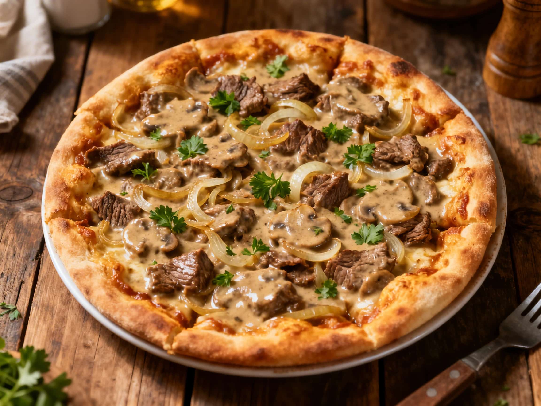 An enticing close-up of a Beef Stroganoff Brazilian Pizza, displaying a crispy crust and a lavish topping. The surface is covered with savory beef stroganoff, featuring tender meat and earthy mushrooms in a creamy sauce, all blanketed by a gooey layer of melted catupiry and mozzarella cheeses. Fresh green parsley is sprinkled over the top, adding a pop of color. The pizza is presented on a rustic