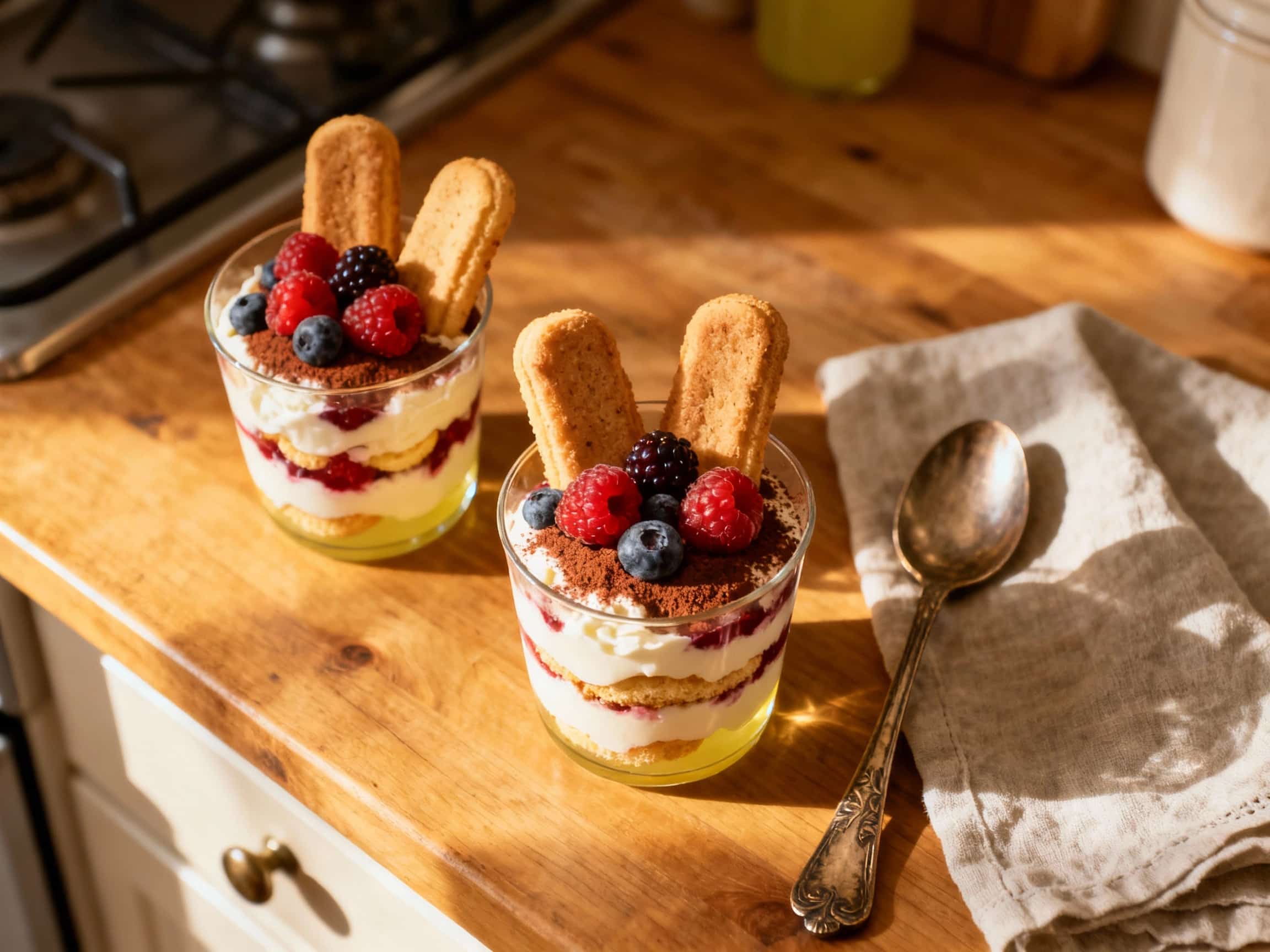 Creamy tiramisu layered with bright lemon-infused mascarpone and fresh berries is delicately arranged in individual serving glasses, offering a vibrant and refreshing dessert presentation.
