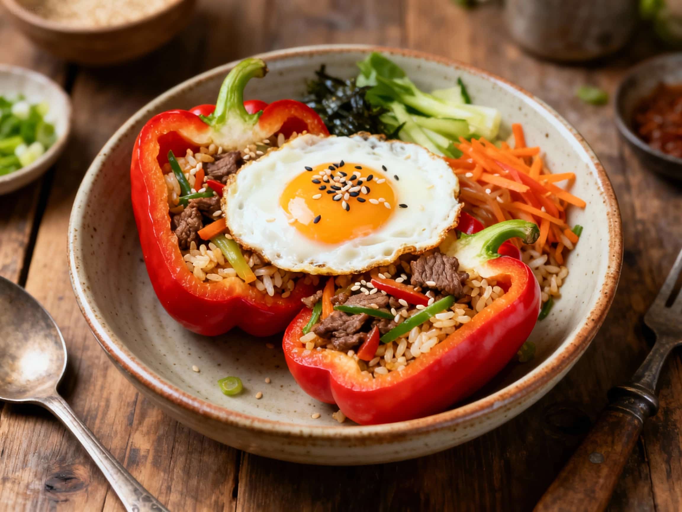 Vibrant orange bell pepper halves are overflowing with a colorful mix of seasoned rice, tender beef, fresh vegetables, and a perfectly fried egg, creating a delicious and healthy meal.