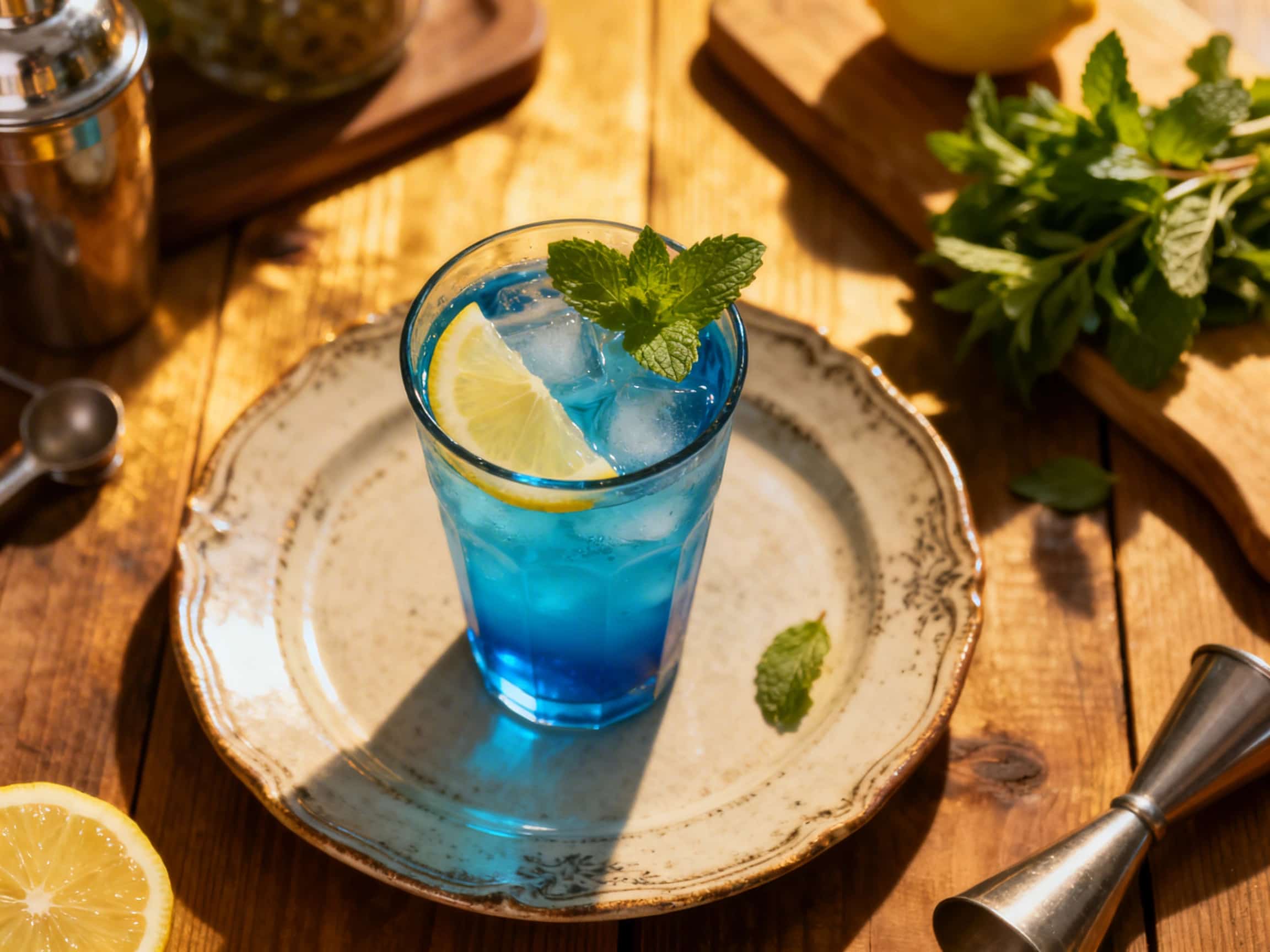 A large, clear glass punch bowl brimming with a dazzling blue Blue Lagoon Vodka Punch, ready for a party. The punch is garnished beautifully with bright red maraschino cherries and elegant lemon twists, creating a visually festive display. A silver serving ladle is placed in the bowl, inviting guests to serve themselves. The vibrant color of the punch stands out against a softly blurred, warm-tone