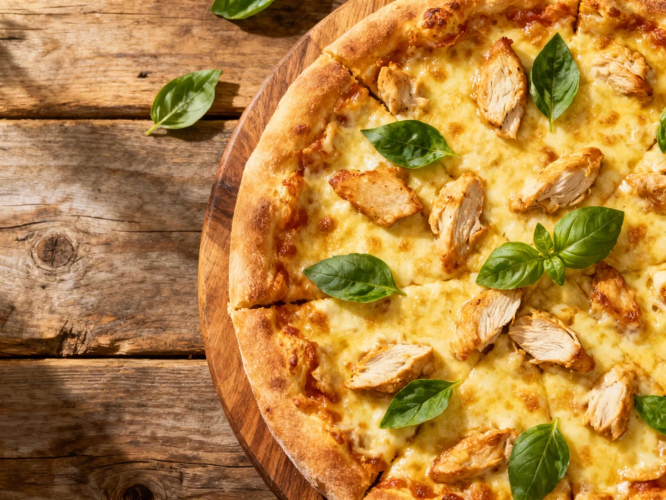 A golden-brown pizza crust is generously topped with creamy white Catupiry cheese and tender pieces of shredded chicken, baked to perfection with a slight char on the edges.