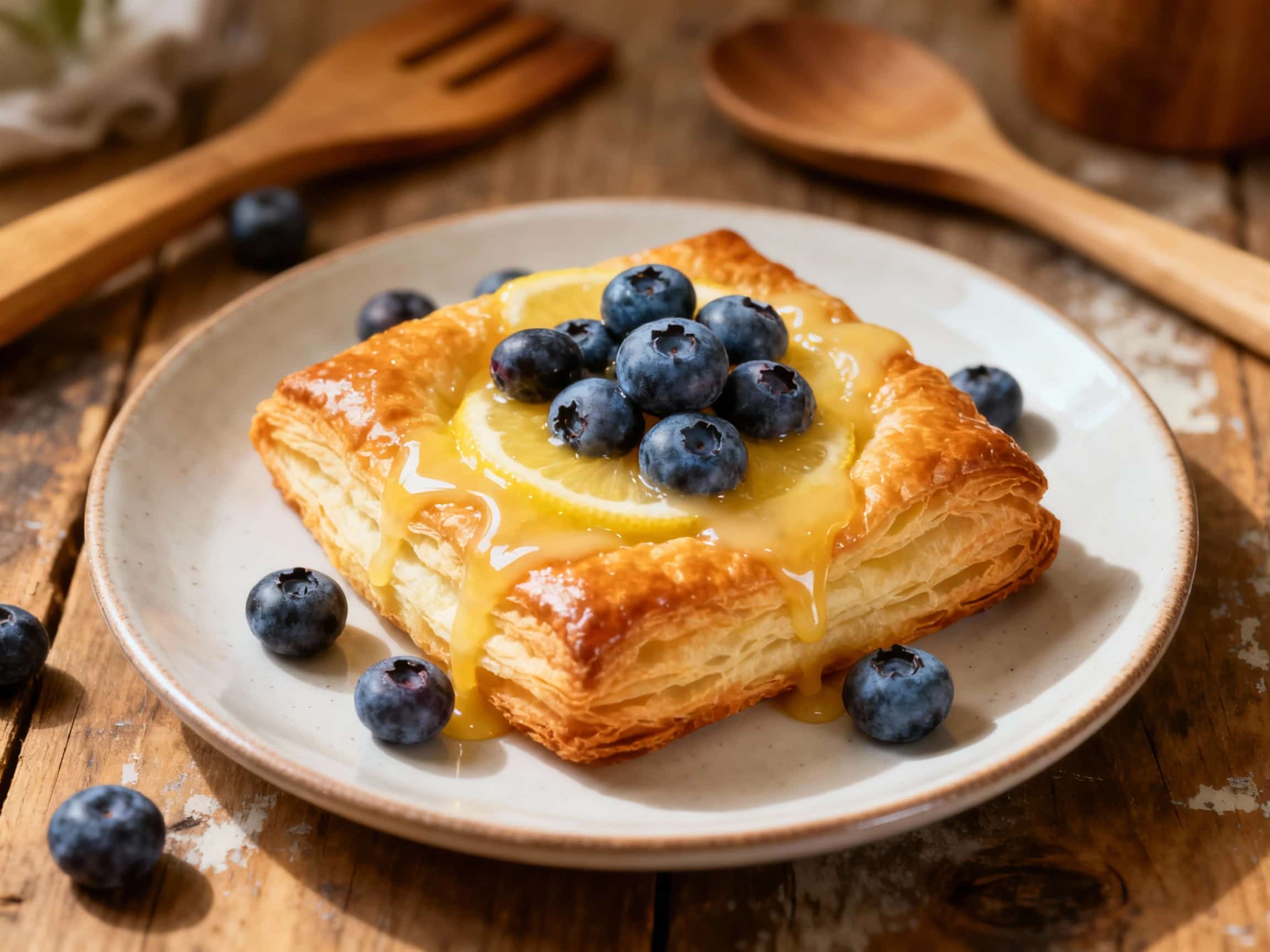A golden-brown, flaky blueberry lemon Danish sits on a white plate, dusted with powdered sugar and topped with fresh lemon zest and blueberries, ready to be enjoyed.