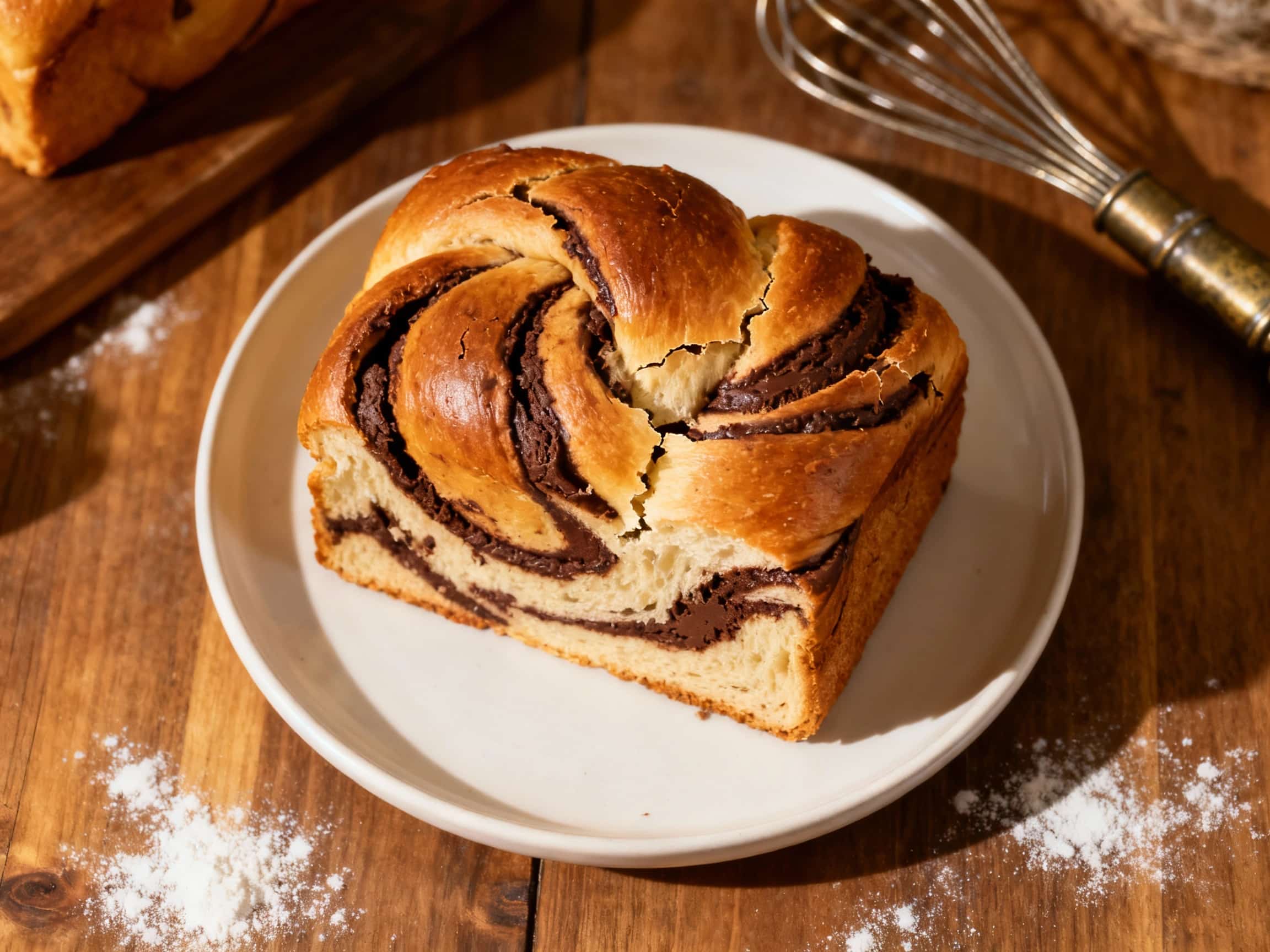 Golden brown, rich brioche swirls filled with dark chocolate are dusted with powdered sugar, creating a decadent and inviting breakfast treat.