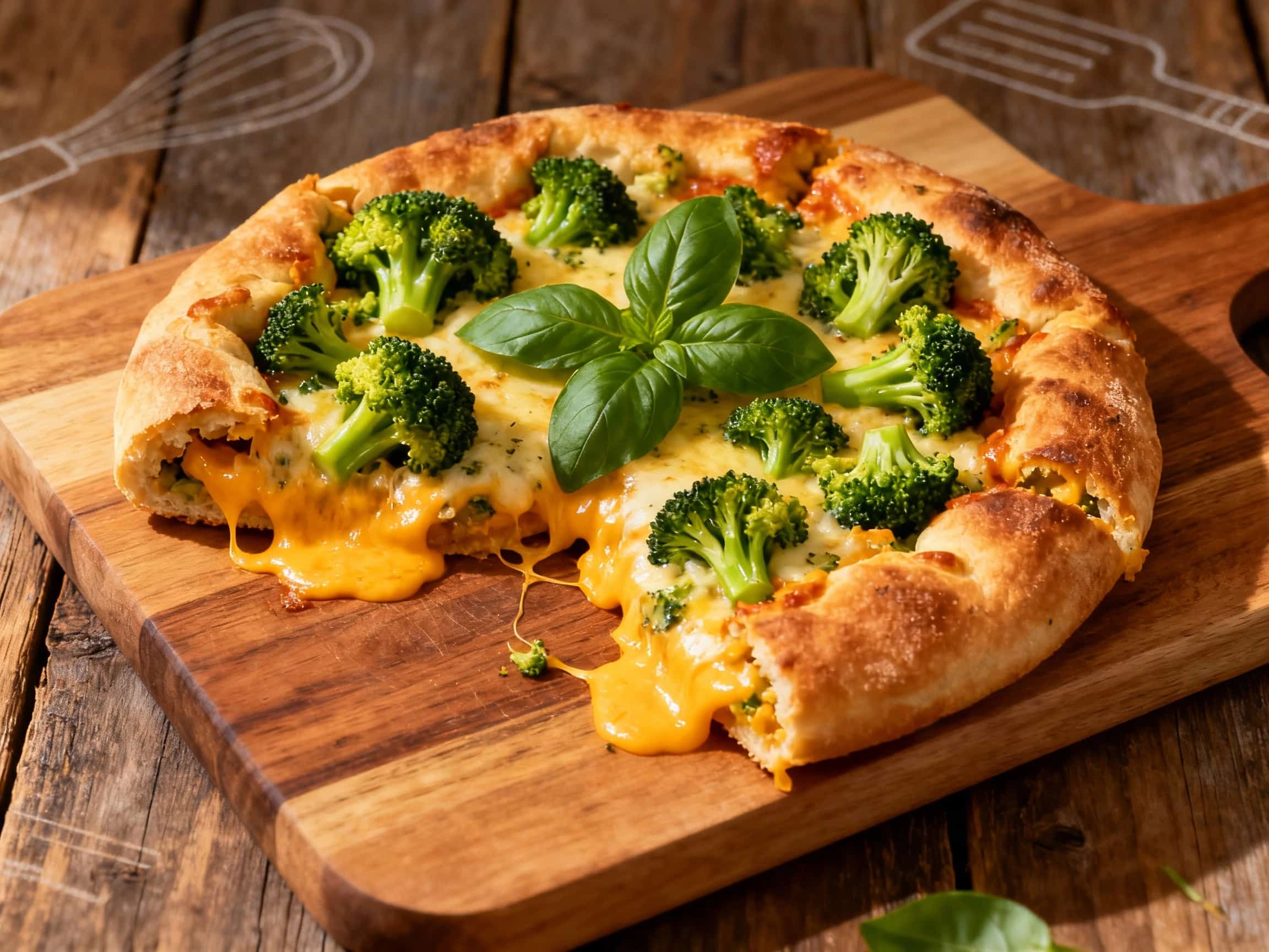 An overhead view of a freshly baked Broccoli Cheddar Stuffed Pizza in a cast-iron skillet, golden brown and puffed. One slice is removed and tilted, showcasing the rich, creamy filling of green broccoli florets and melted orange cheddar cheese. The crust is visibly crispy, and the filling looks incredibly moist and savory. The scene is warmly lit, suggesting a comforting homemade meal.