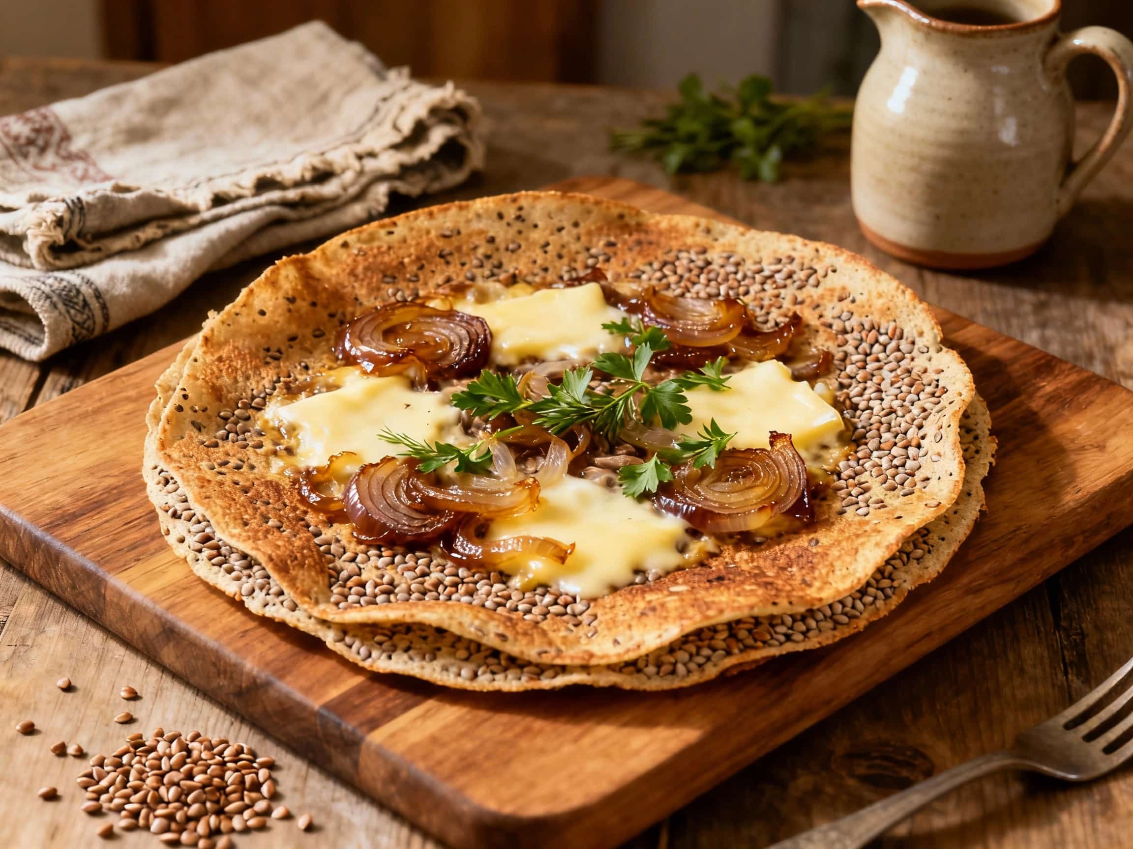 Golden buckwheat galettes are artfully plated with a dollop of creamy filling and a sprinkle of fresh chives, creating a rustic yet elegant presentation bathed in warm, inviting light.