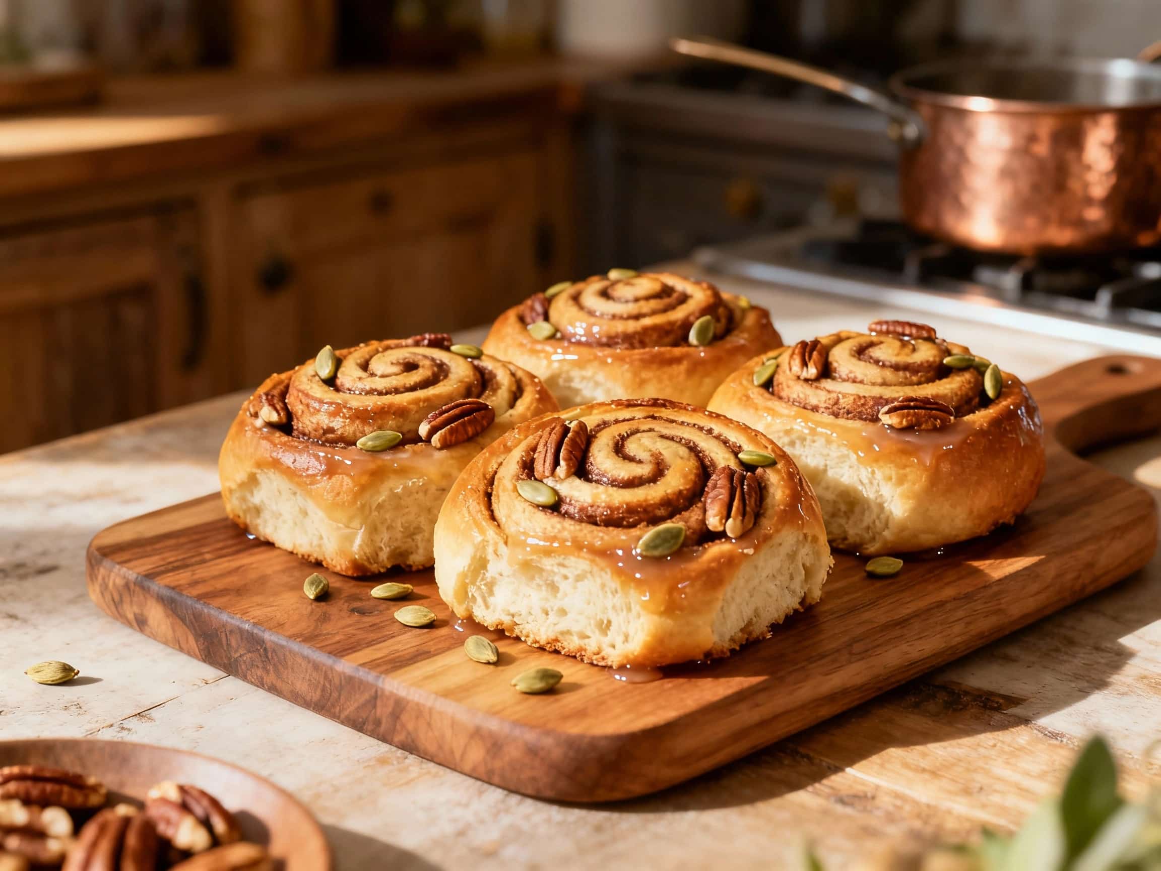 Warm, gooey cinnamon buns swirled with sweet cardamom and studded with crunchy pecans are beautifully arranged on a rustic wooden board, lightly dusted with powdered sugar.