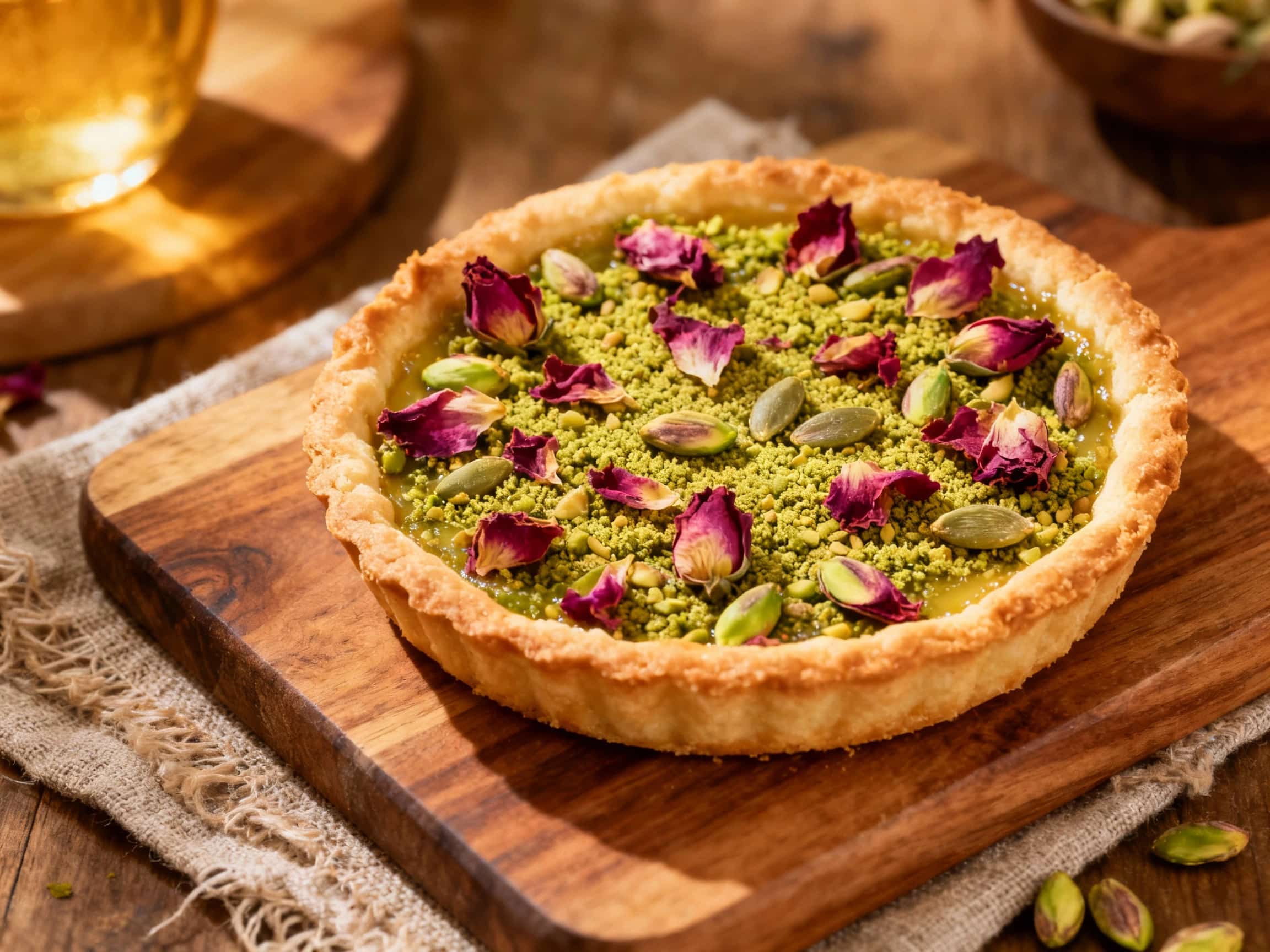 A stunning close-up of a single slice of Cardamom Pistachio Rose Tart on a plain white plate. The tart has a golden, crimped crust and a vibrant green, creamy pistachio custard filling. It's elegantly garnished with a sprinkle of crushed pistachios and delicate pink dried rose petals, showcasing the rich textures and appealing colors of the dessert. The presentation is simple yet sophisticated, hi