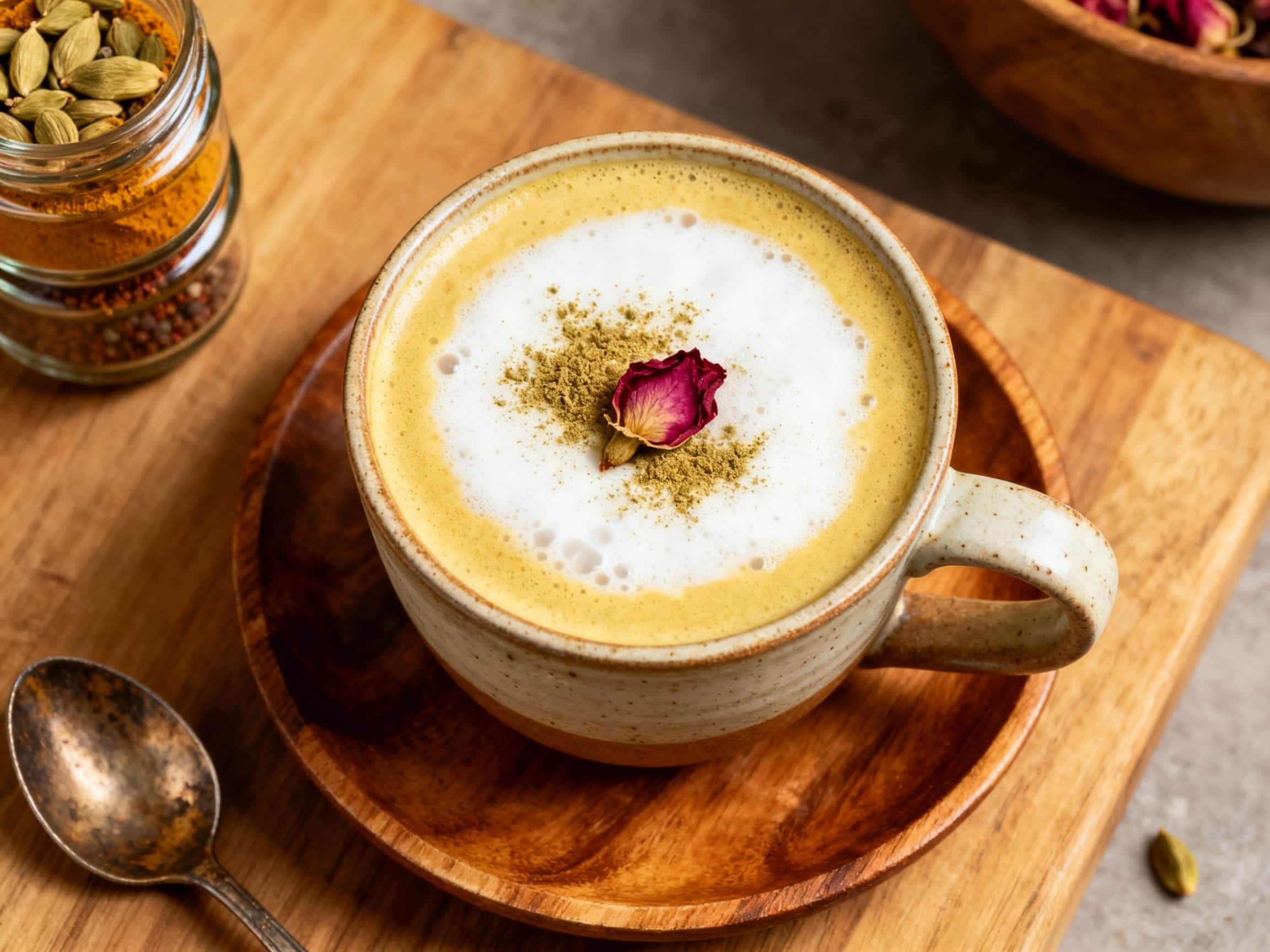 A frothy, steaming Cardamom Rose Chai Latte presented in an earthy-toned ceramic mug, garnished with a sprinkle of cinnamon and two delicate dried pink rose petals. The mug rests on a rustic wooden surface, with a scattering of whole spices like cardamom pods and cinnamon sticks in the soft-focus background, evoking a sense of cozy indulgence and exotic flavor.
