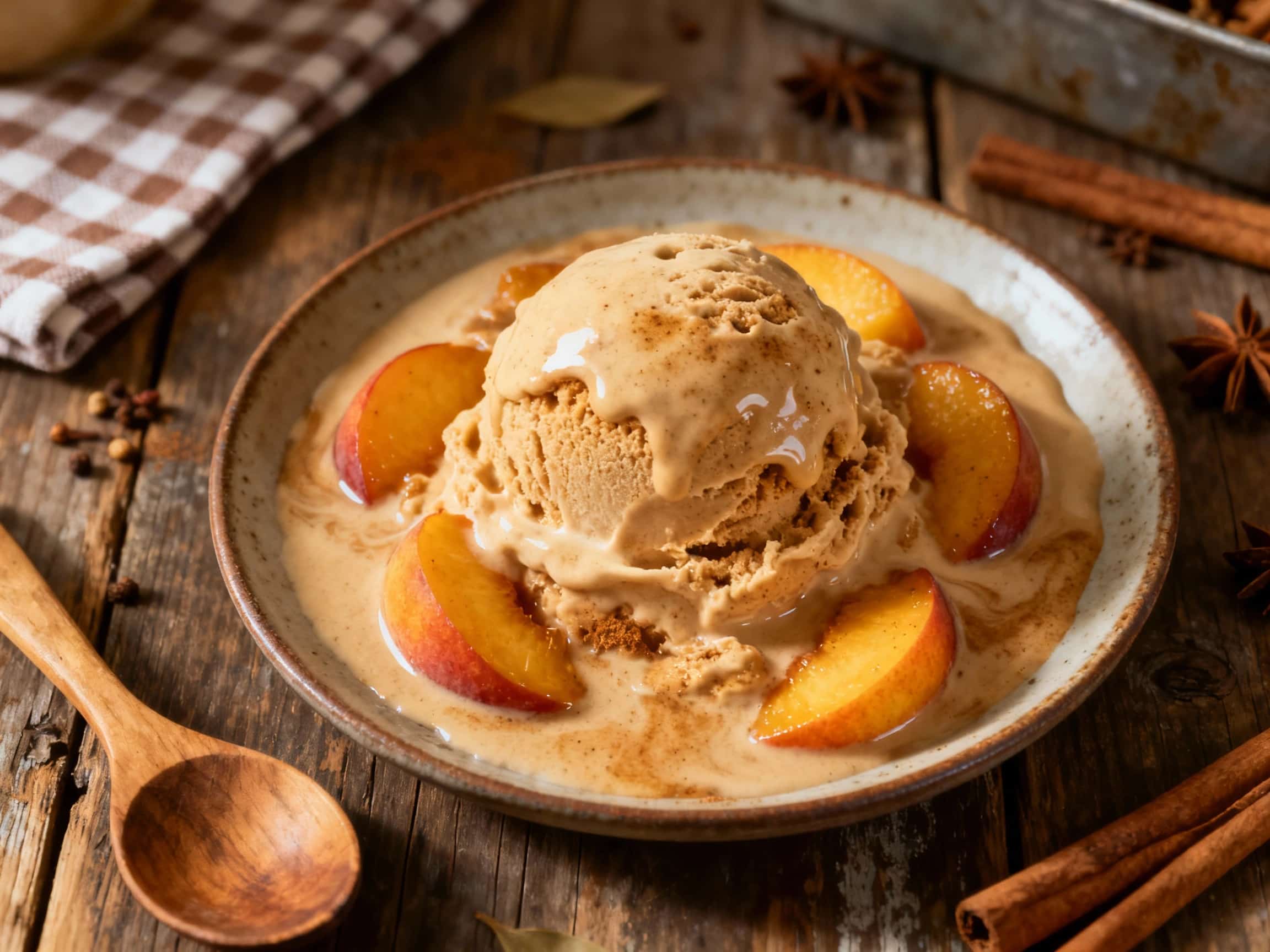 Scoops of creamy peach ice cream, speckled with spices, are artfully arranged in a chilled glass bowl, bathed in warm, inviting light.