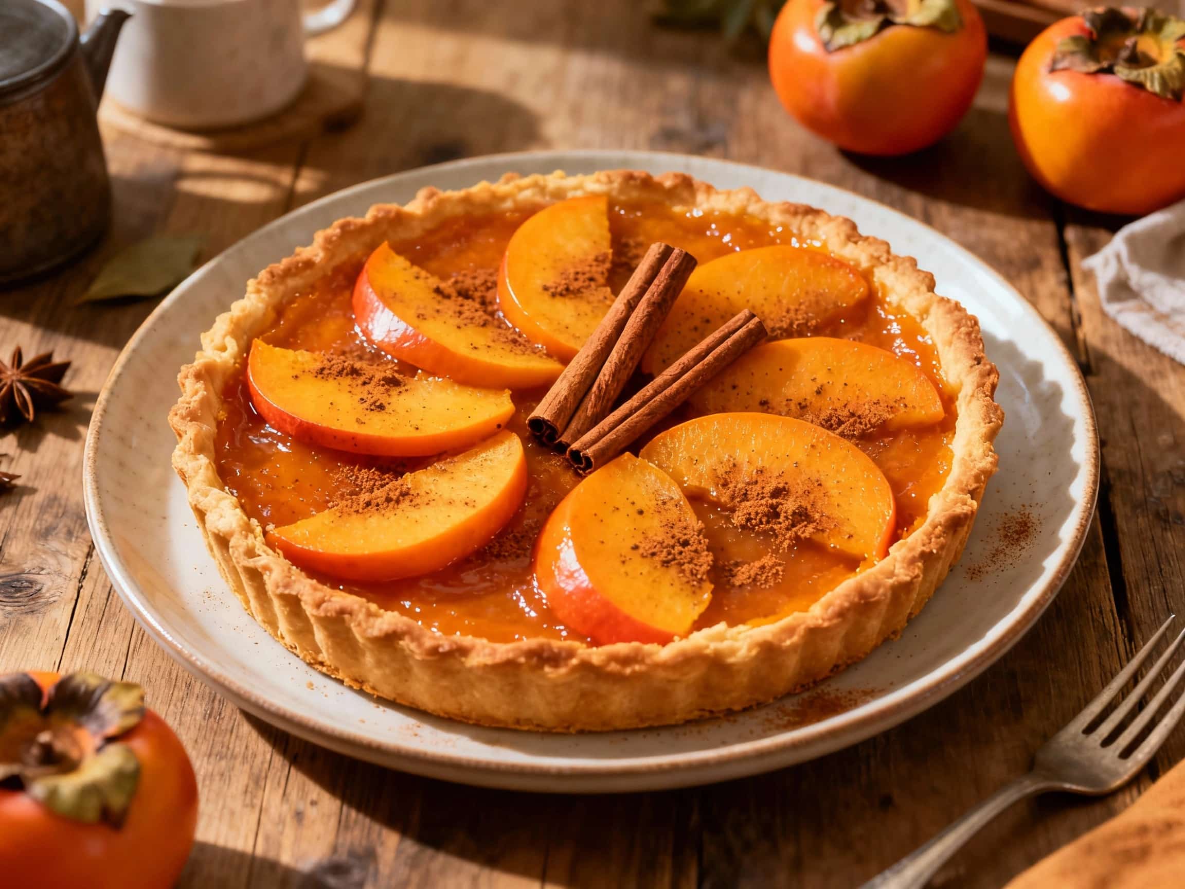 An overhead view of a beautifully baked Chai Spiced Persimmon Tart on a rustic wooden board. The tart has a golden, flaky crust filled with neatly arranged, caramelized persimmon slices, lightly dusted with powdered sugar. A few decorative star anise pods are placed on the tart, highlighting its warm, autumnal theme and inviting texture.