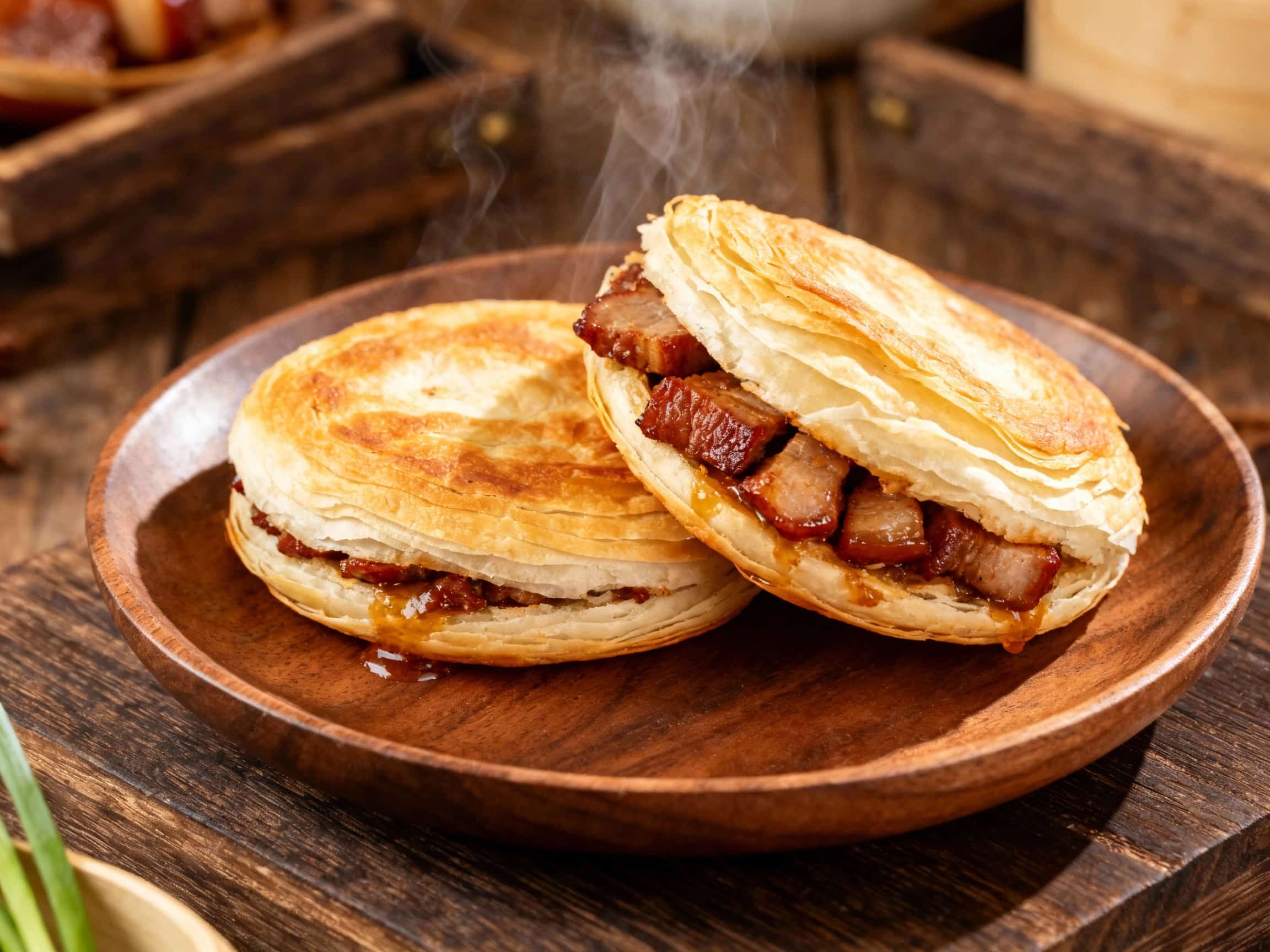 Juicy, sweet char siu pork belly is stuffed into fluffy steamed bao buns, creating a delightful contrast of textures and flavors.