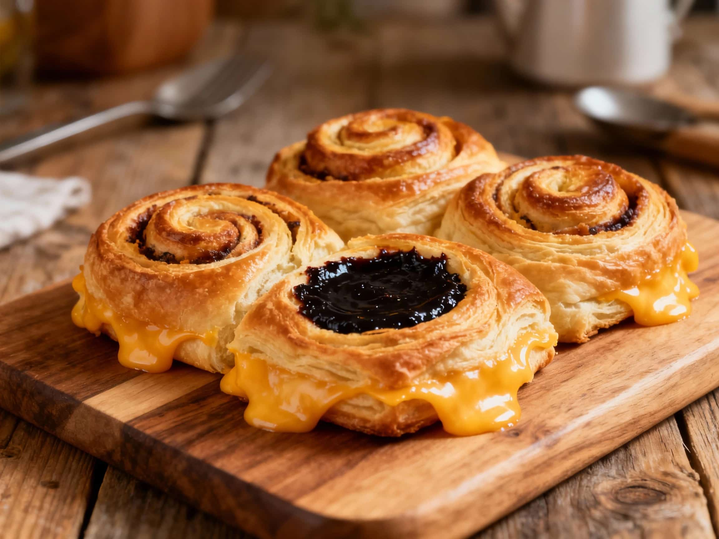 Golden-brown, fluffy scrolls studded with melted cheese and dark Vegemite swirls are arranged artfully on a rustic wooden board, ready to be enjoyed.