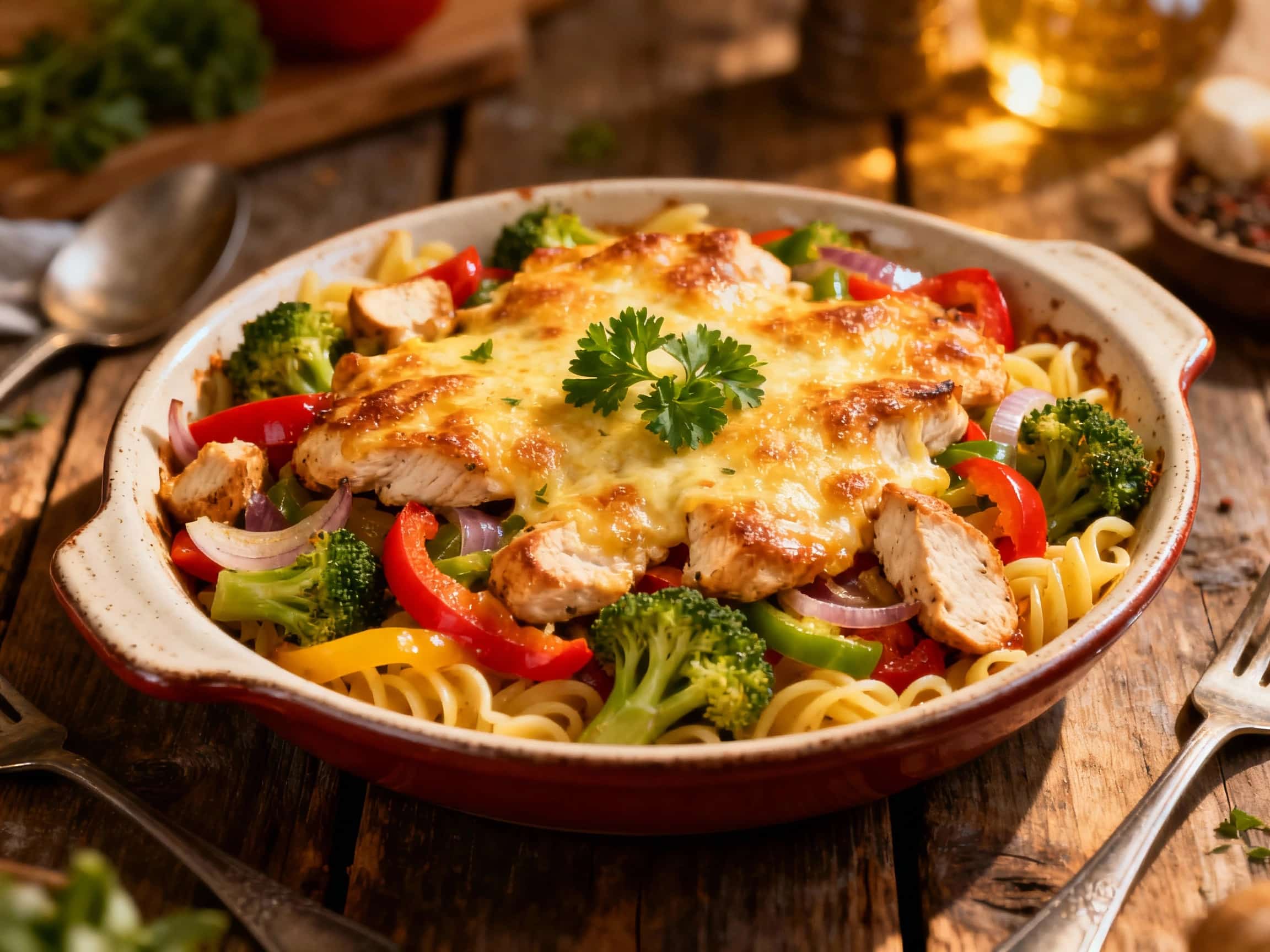 A comforting chicken primavera pasta bake is served in a rustic ceramic dish, topped with melted mozzarella cheese and fresh green herbs, ready for a cozy meal.