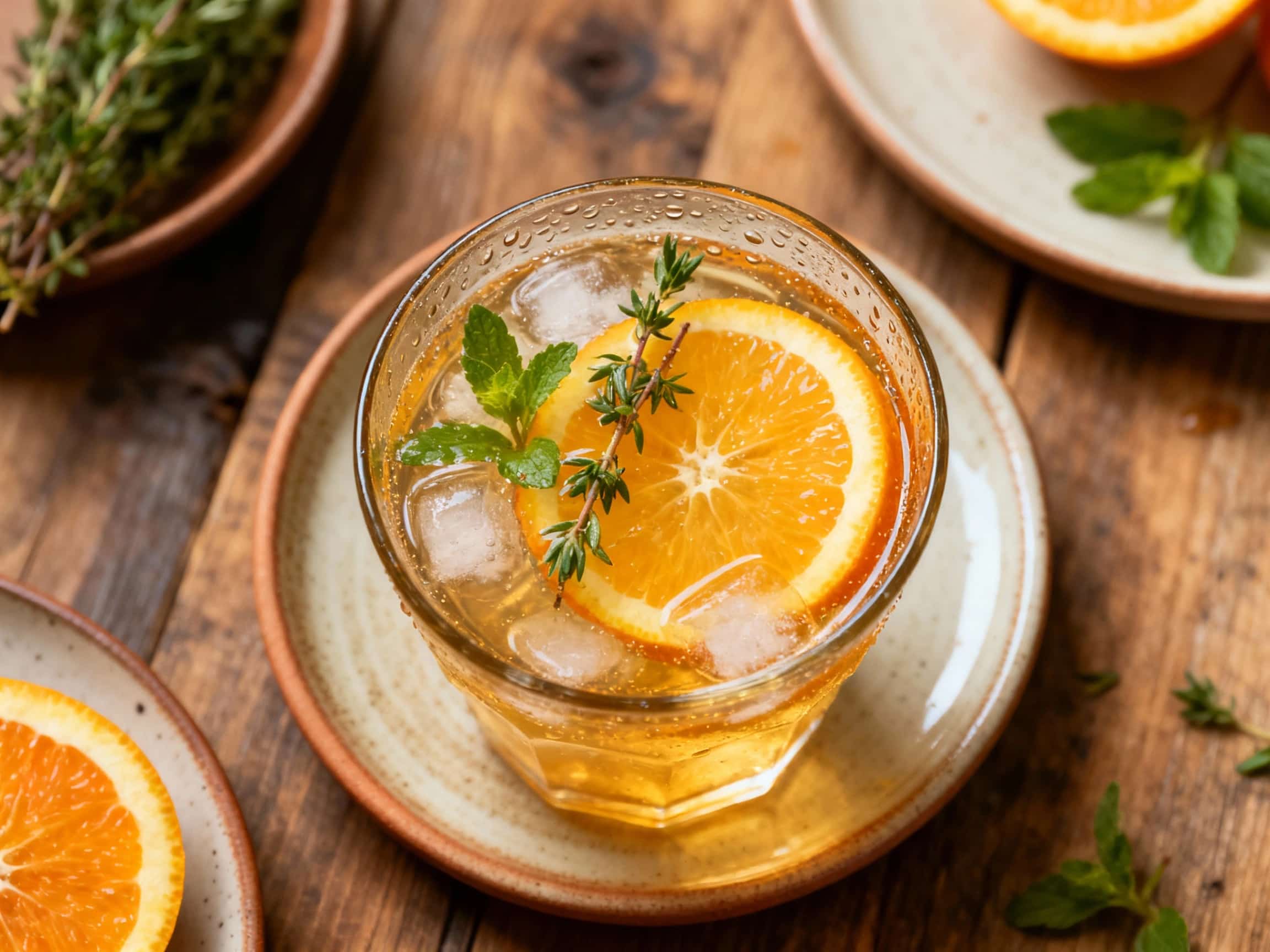 A tall glass of chilled, amber-colored Uzvar, infused with citrus slices and fresh mint, sits on a light wooden surface, evoking a refreshing and invigorating summer drink.