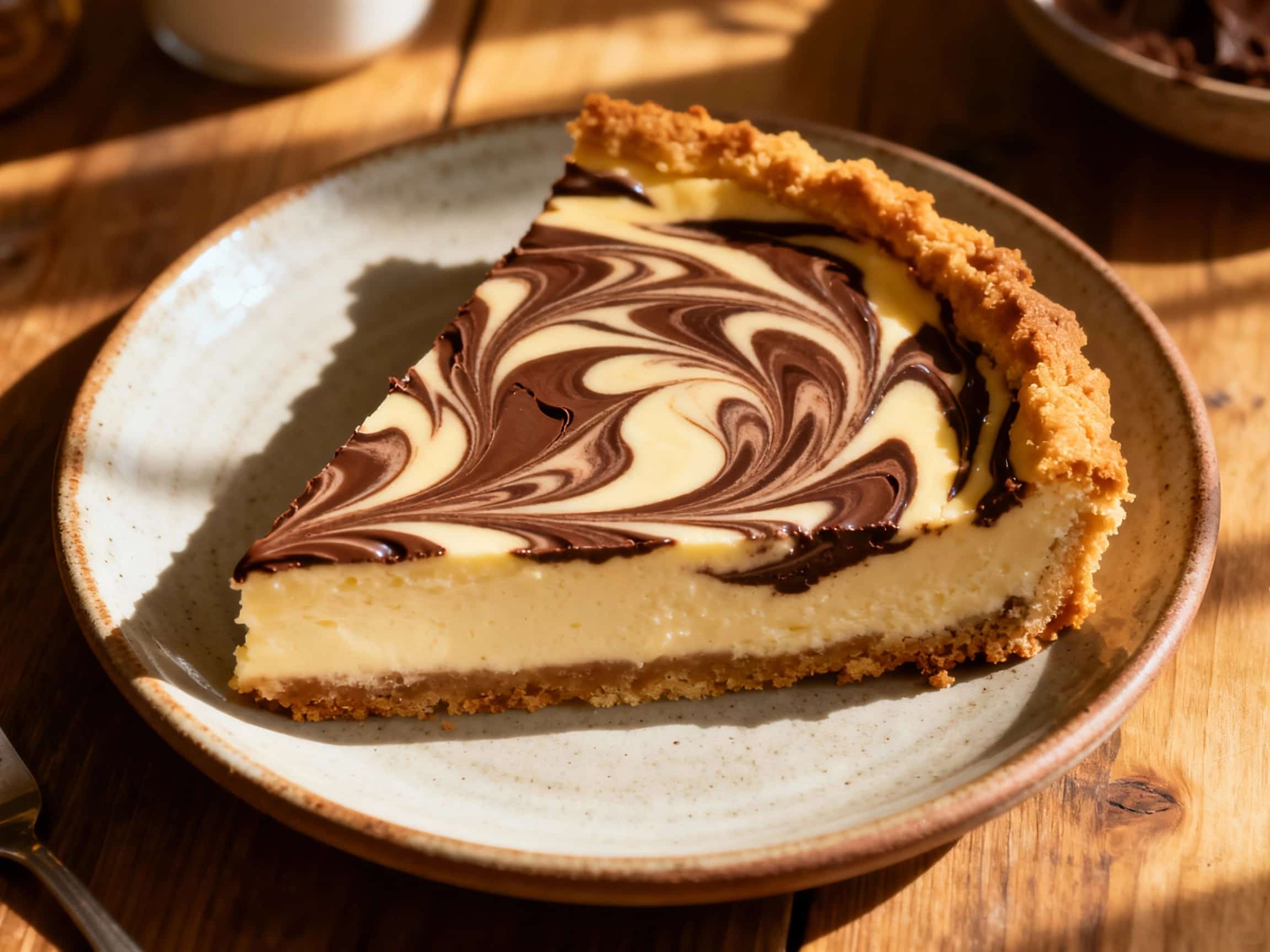 A decadent slice of chocolate swirl Sernik, a traditional Polish cheesecake, rests on a wooden serving board. The intricate dark chocolate marbling is visible against the creamy white filling, inviting viewers to imagine its rich flavor and texture on a beautifully lit kitchen table.