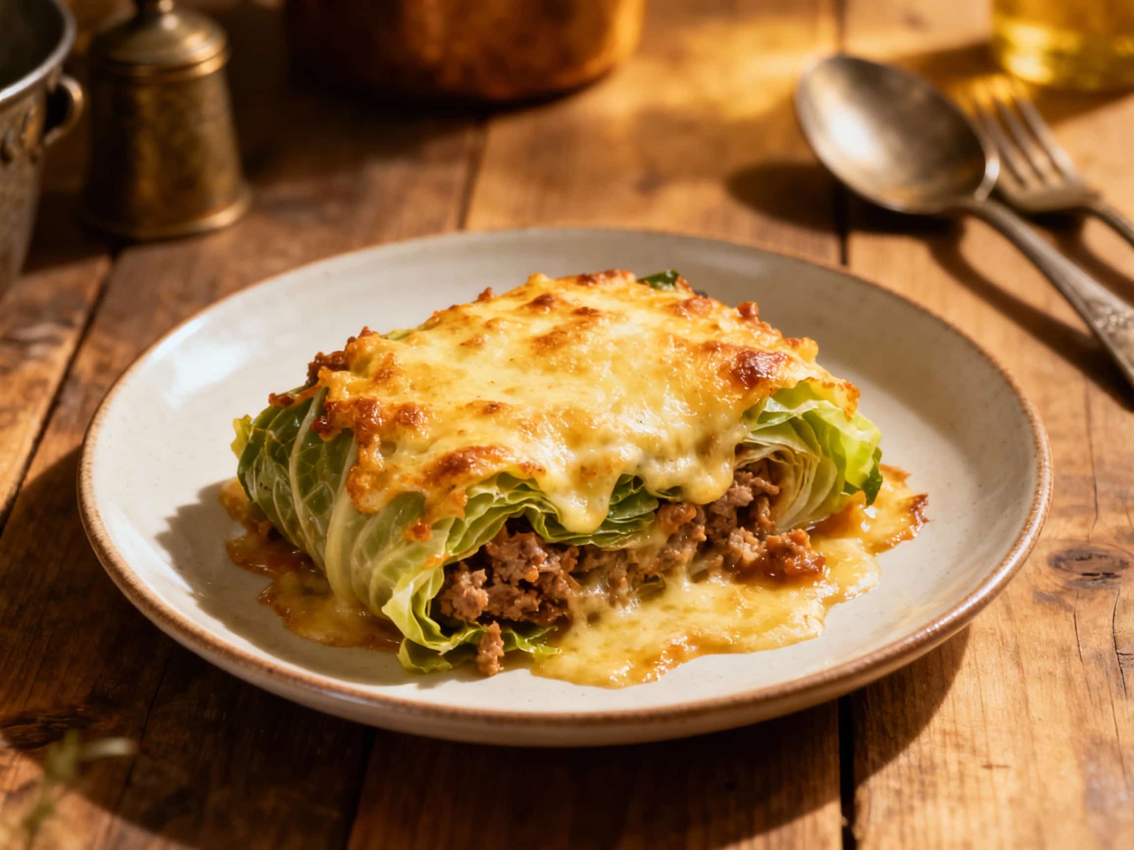 Golden-brown baked cabbage rolls, filled with savory meat and topped with melted cheese, rest invitingly on a rustic plate, ready to be enjoyed.