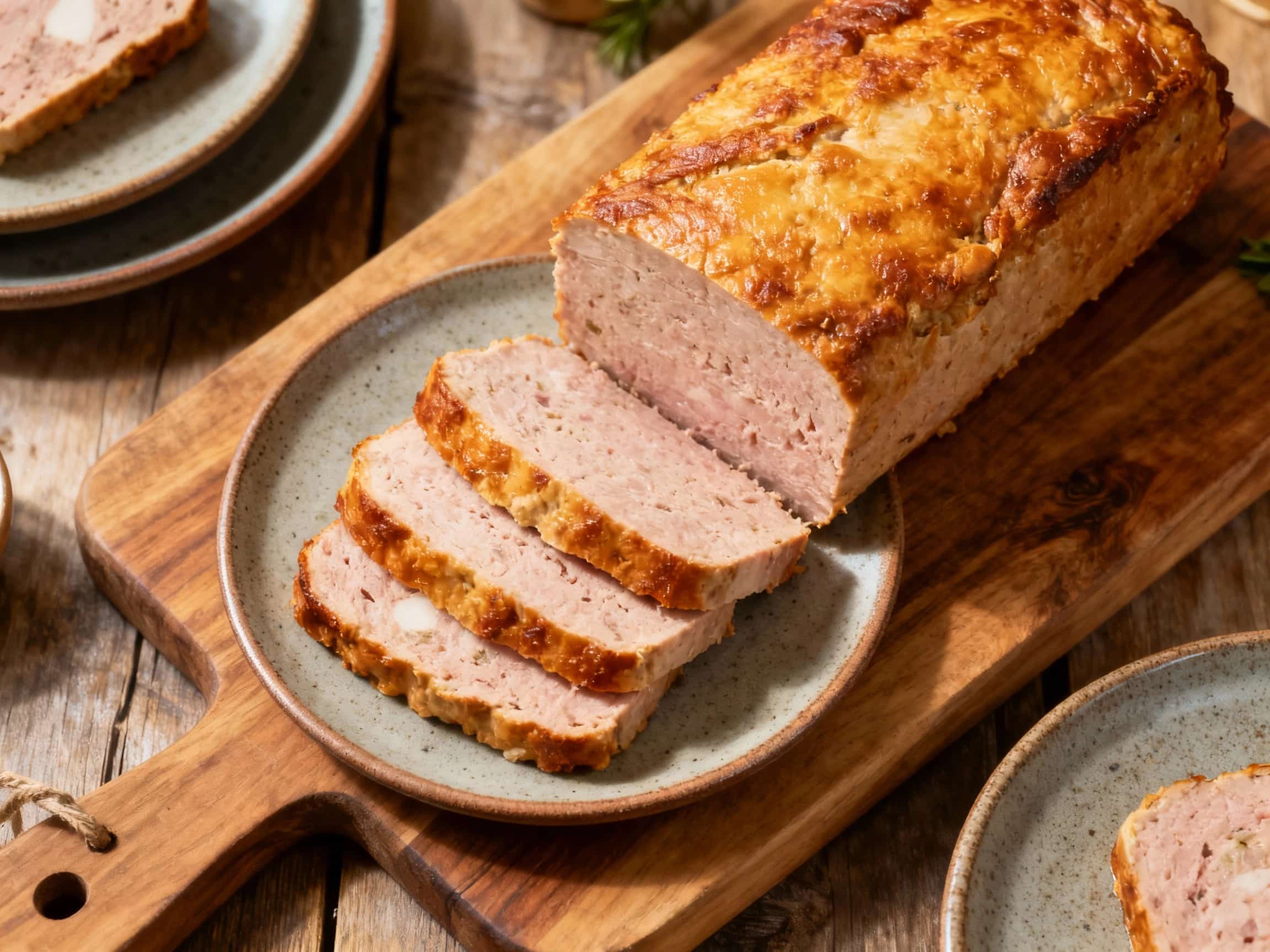 A golden-brown Bavarian Leberkäse loaf, glistening and lightly browned, sits ready to be sliced on a rustic wooden board, evoking a comforting and traditional German meal.