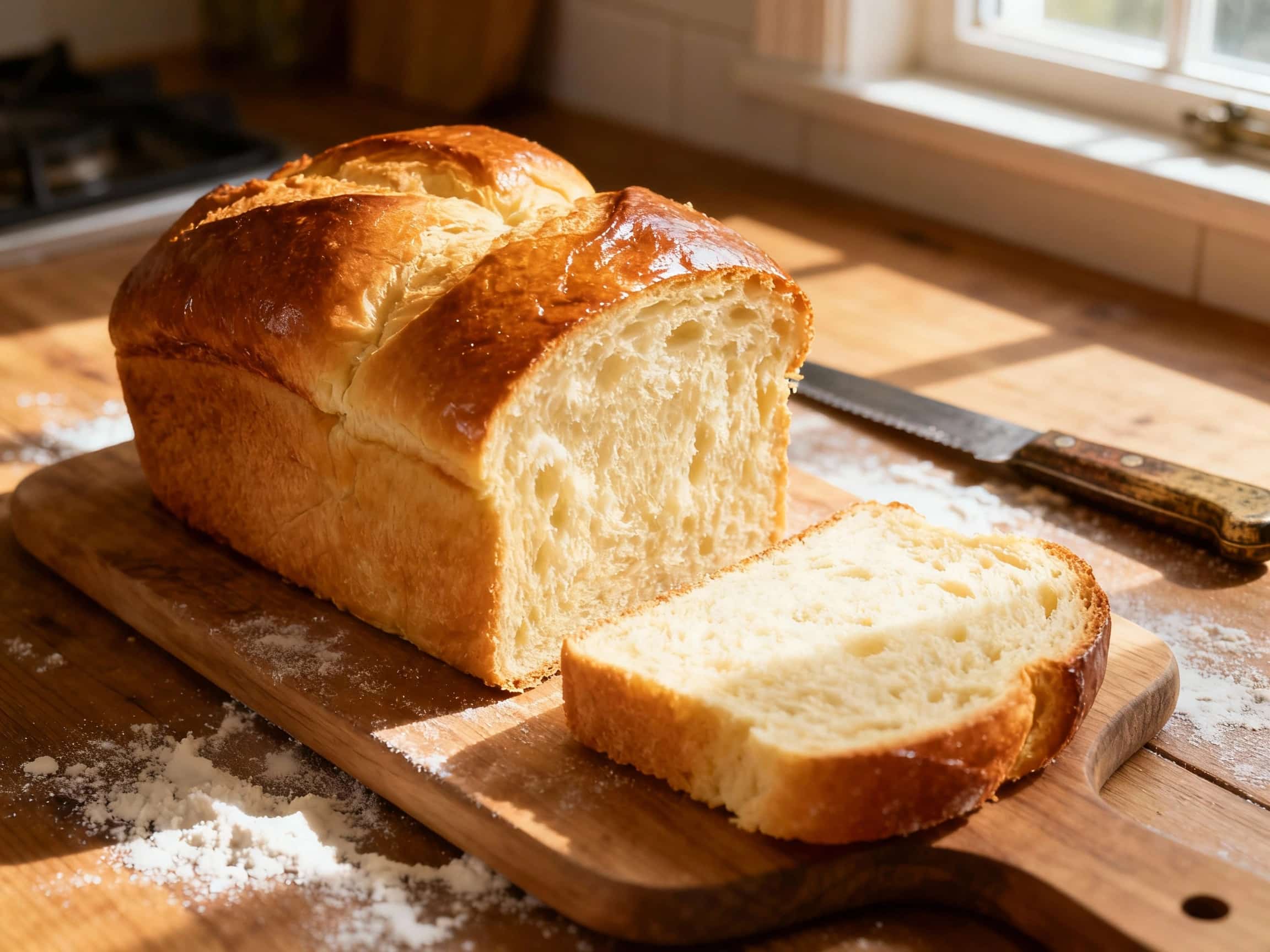 Two golden-brown brioche loaves, baked to perfection with a slightly shiny crust, sit side by side on a white marble surface, ready to be sliced.
