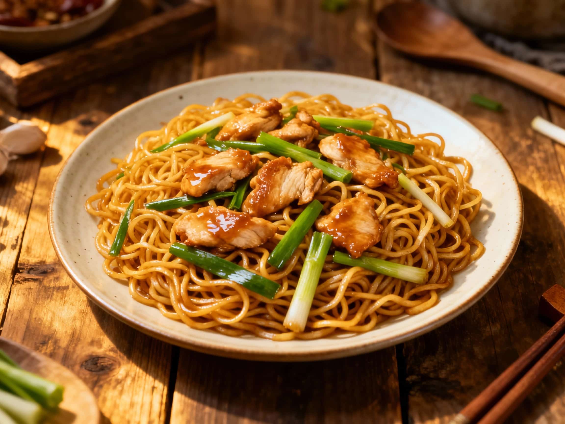 A steaming bowl of chicken chow mein, generously topped with crispy noodles and fresh green onions, creating a savory and visually appealing Chinese-American classic.