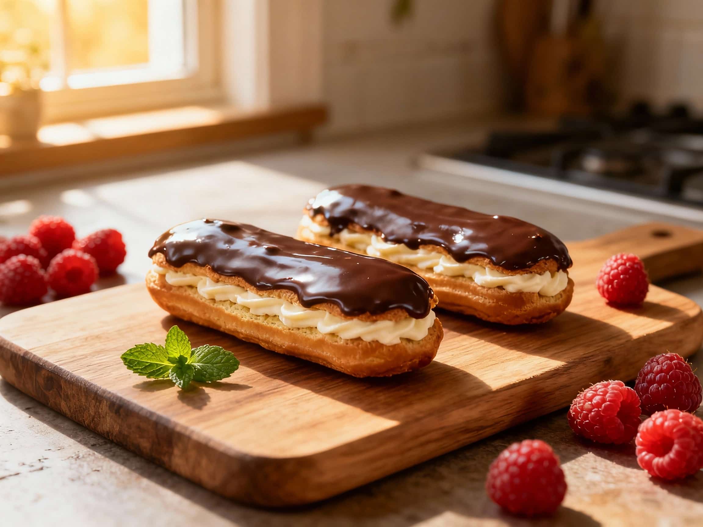 Golden-brown, oblong pastry shells filled with rich cream and topped with glossy chocolate ganache, dusted lightly with powdered sugar.