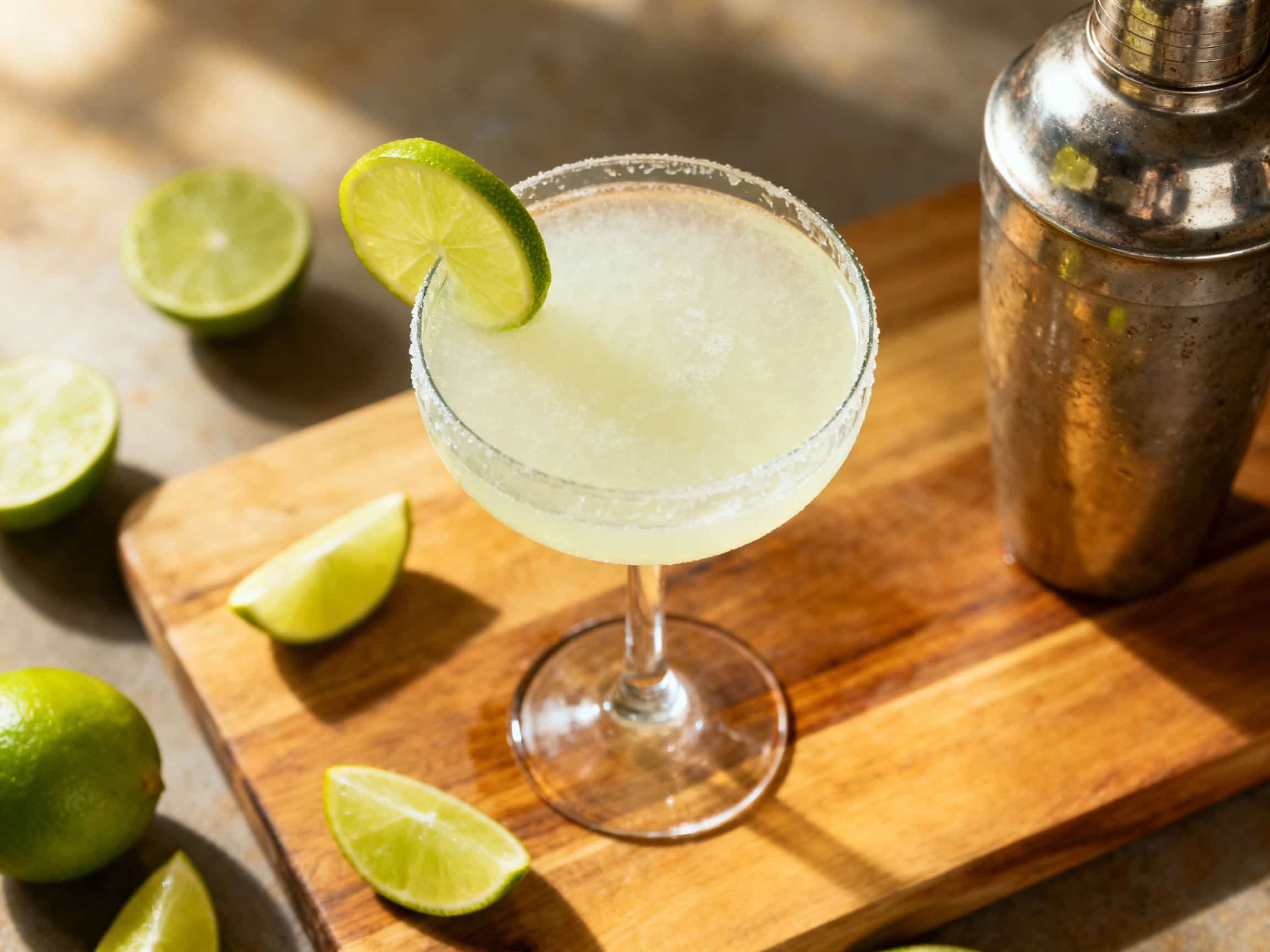 A crystal-clear Classic Daiquiri cocktail fills a stemmed coupe glass, its surface smooth and inviting. A vivid green lime wheel perches delicately on the rim, providing a pop of color against the drink's subtle hue. The glass appears frosted with condensation, hinting at its refreshing chill, and sits on a warm, polished wooden surface. The ambiance suggests a relaxed, sophisticated setting, perf