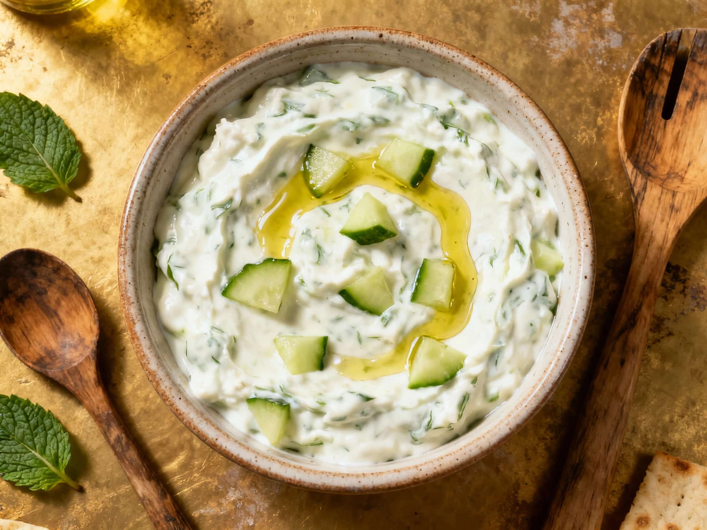 A creamy white bowl overflowing with thick, refreshing tzatziki sauce, generously drizzled with olive oil and sprinkled with fresh dill and a touch of paprika.