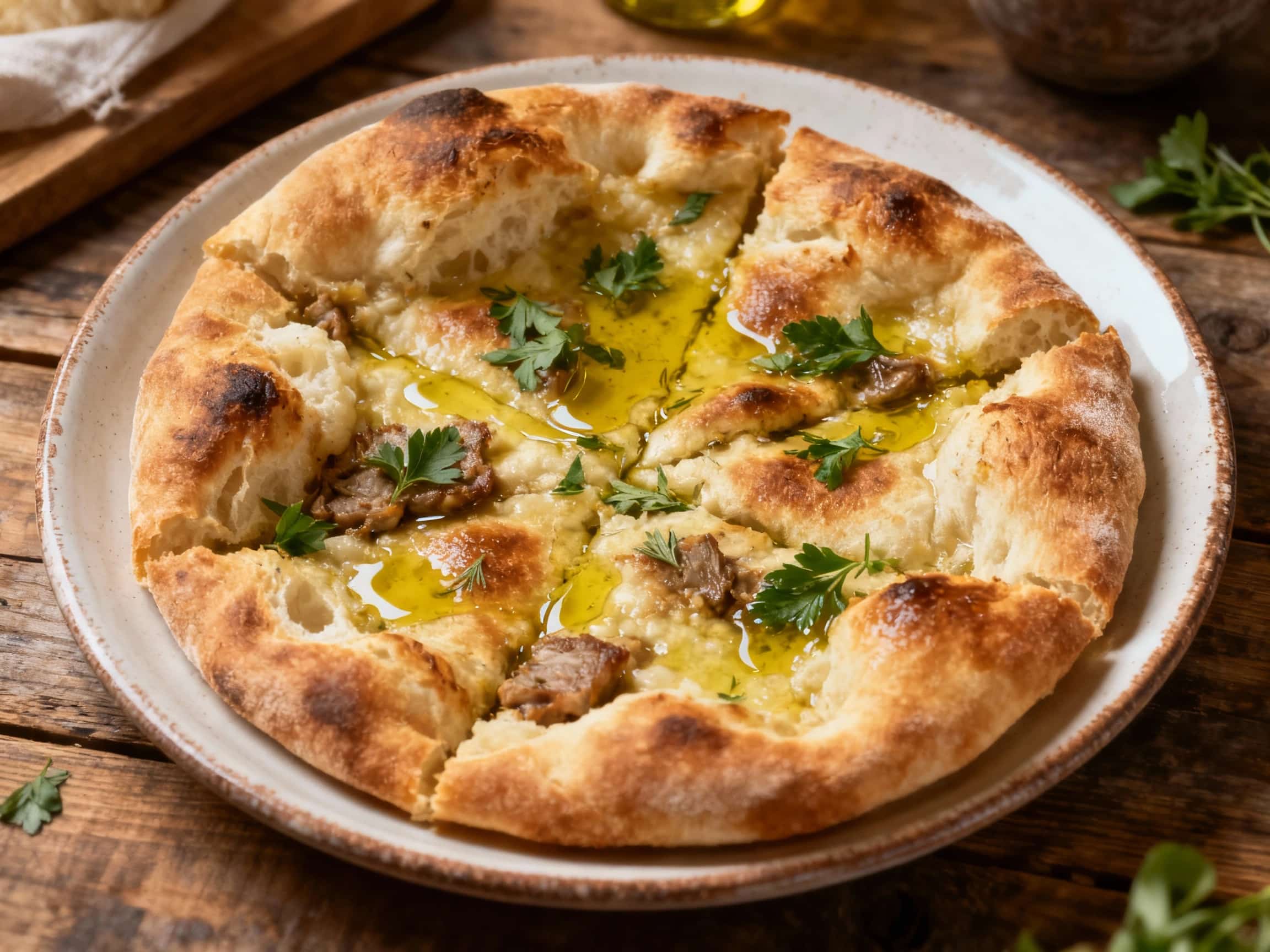 A rustic Maltese ftira bread is generously filled with tuna, boiled eggs, olives, and fresh tomatoes, then drizzled with olive oil for a simple, satisfying meal.