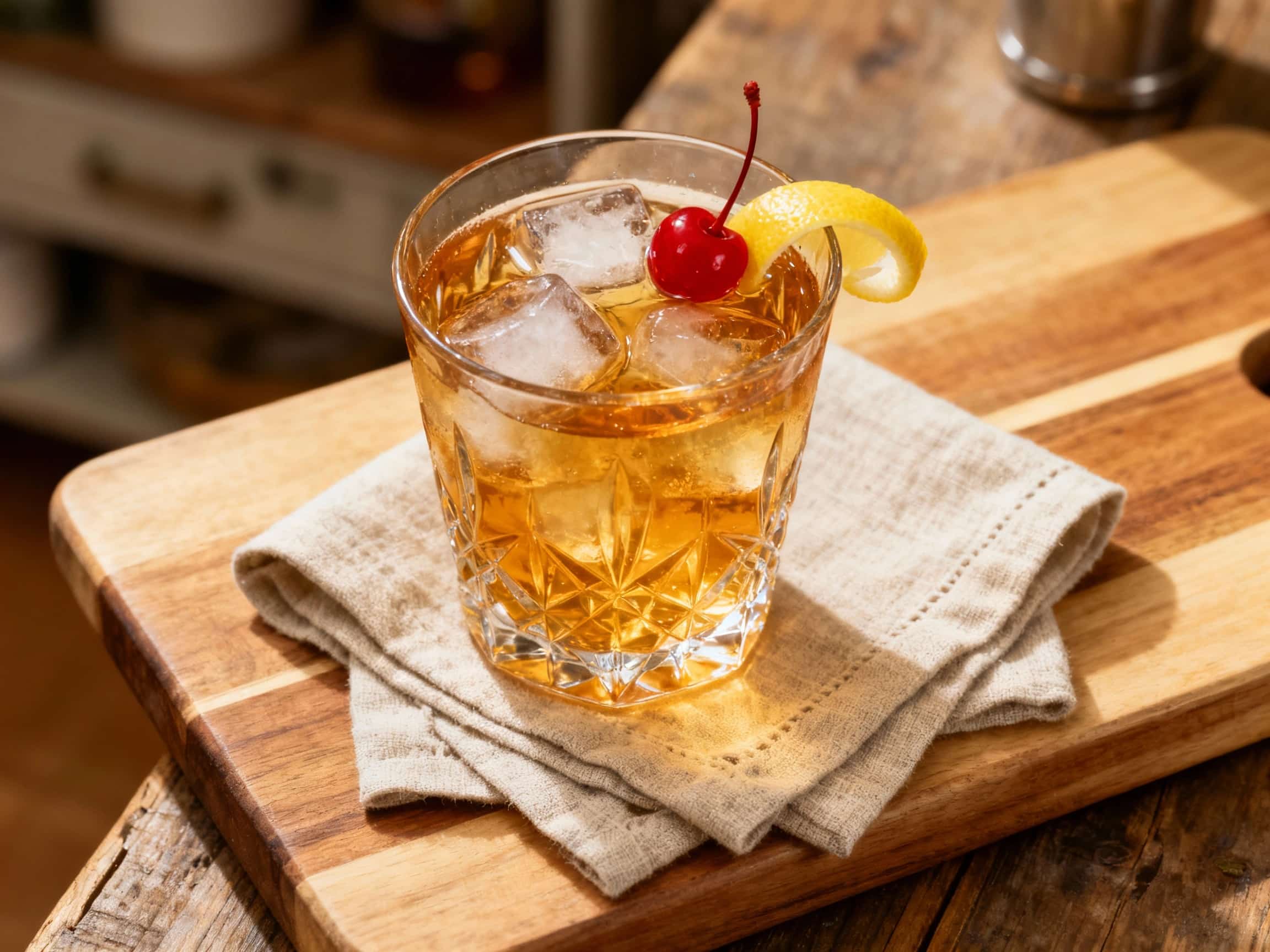 A rich, amber Manhattan cocktail sits in a chilled coupe glass, garnished with a bright red maraschino cherry, ready to be enjoyed.