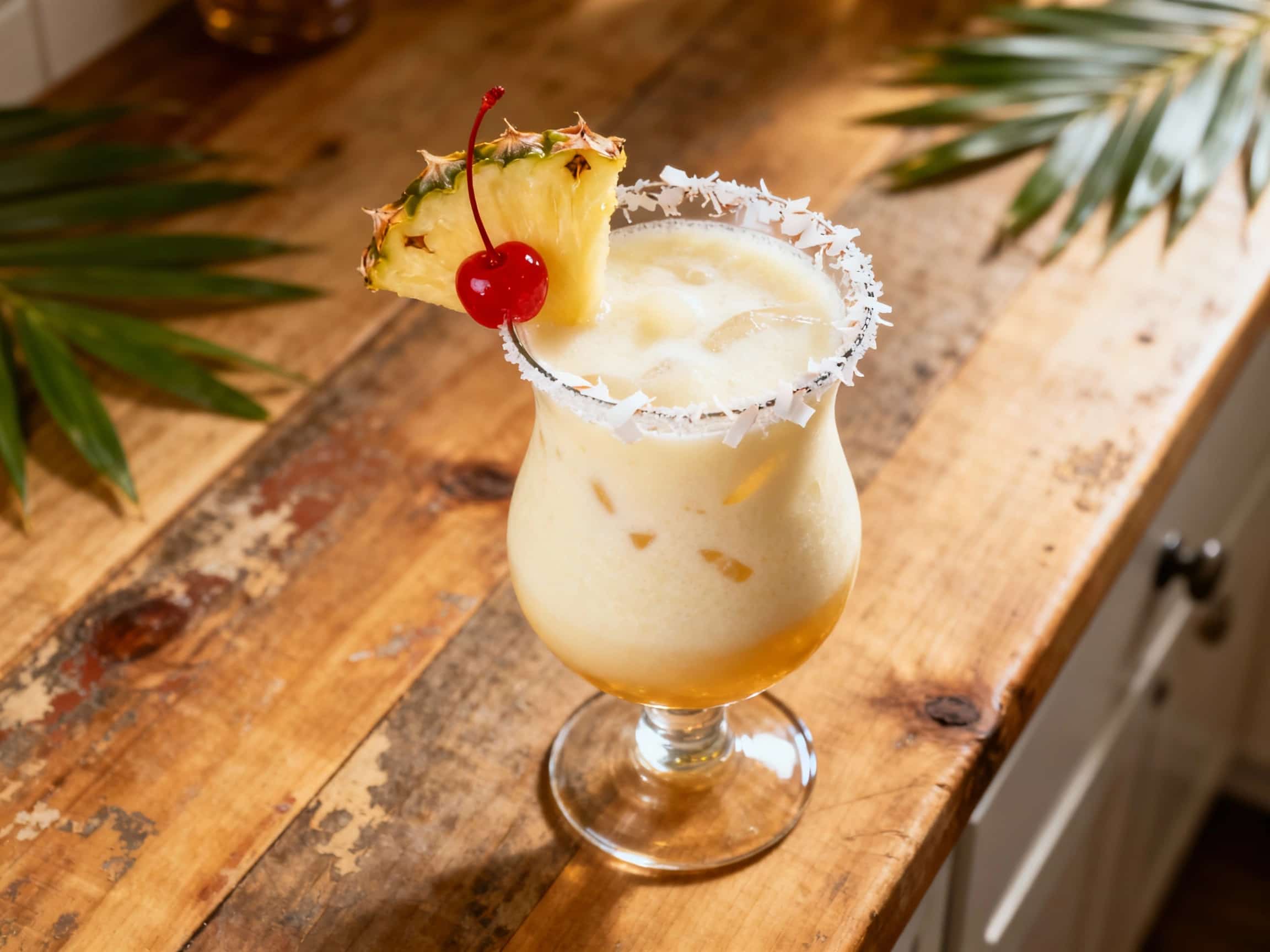 A frosty, golden Piña Colada is garnished with a vibrant pineapple wedge and a maraschino cherry, set against a soft, sunlit tropical backdrop.