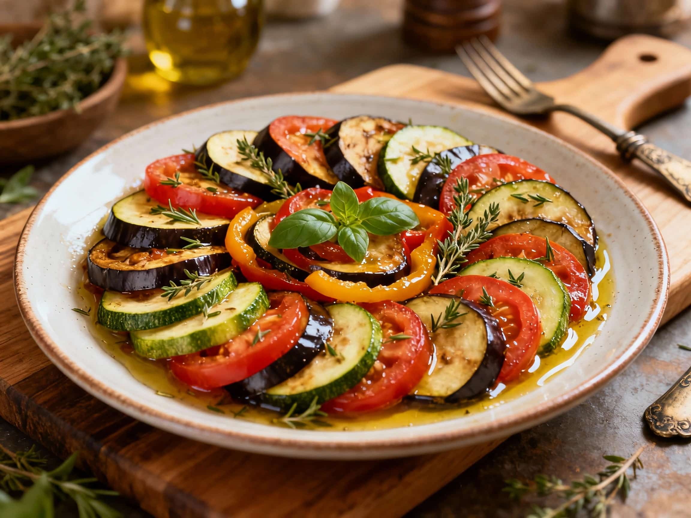 A rustic, shallow clay pot overflows with vibrant, glistening stewed vegetables like zucchini, eggplant, tomatoes, and peppers, artfully arranged and lightly browned.