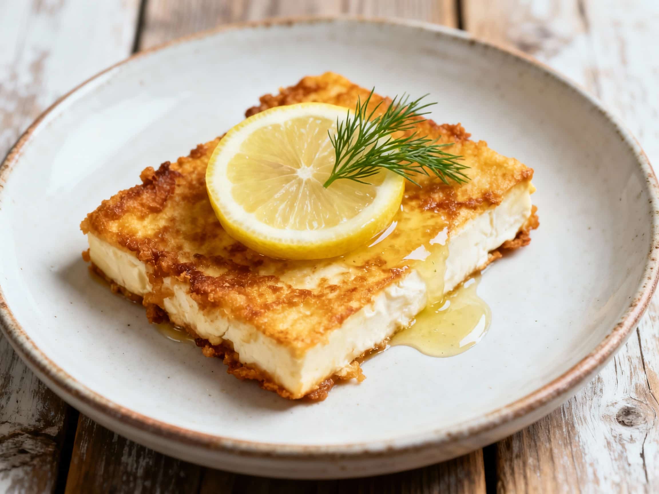Golden-brown, bubbly saganaki cheese, pan-seared to perfection, sits on a rustic wooden board, glistening with lemon juice and a sprinkle of fresh parsley, ready to be devoured.