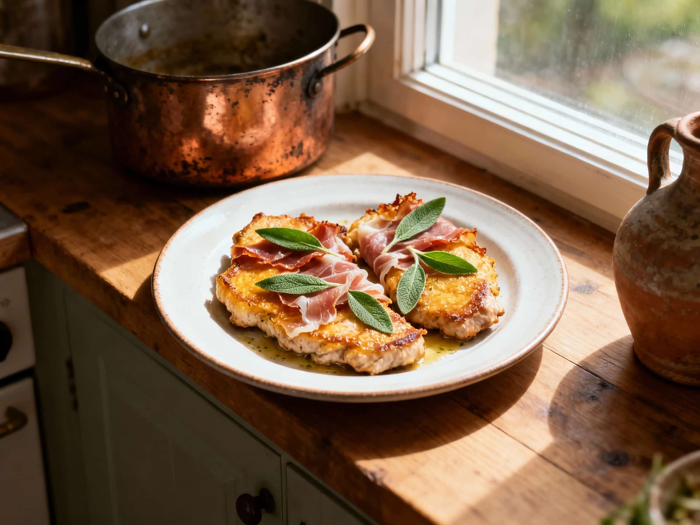 Golden-brown veal cutlets topped with prosciutto and fresh sage are pan-seared and glistening in a savory white wine sauce, ready to be served.