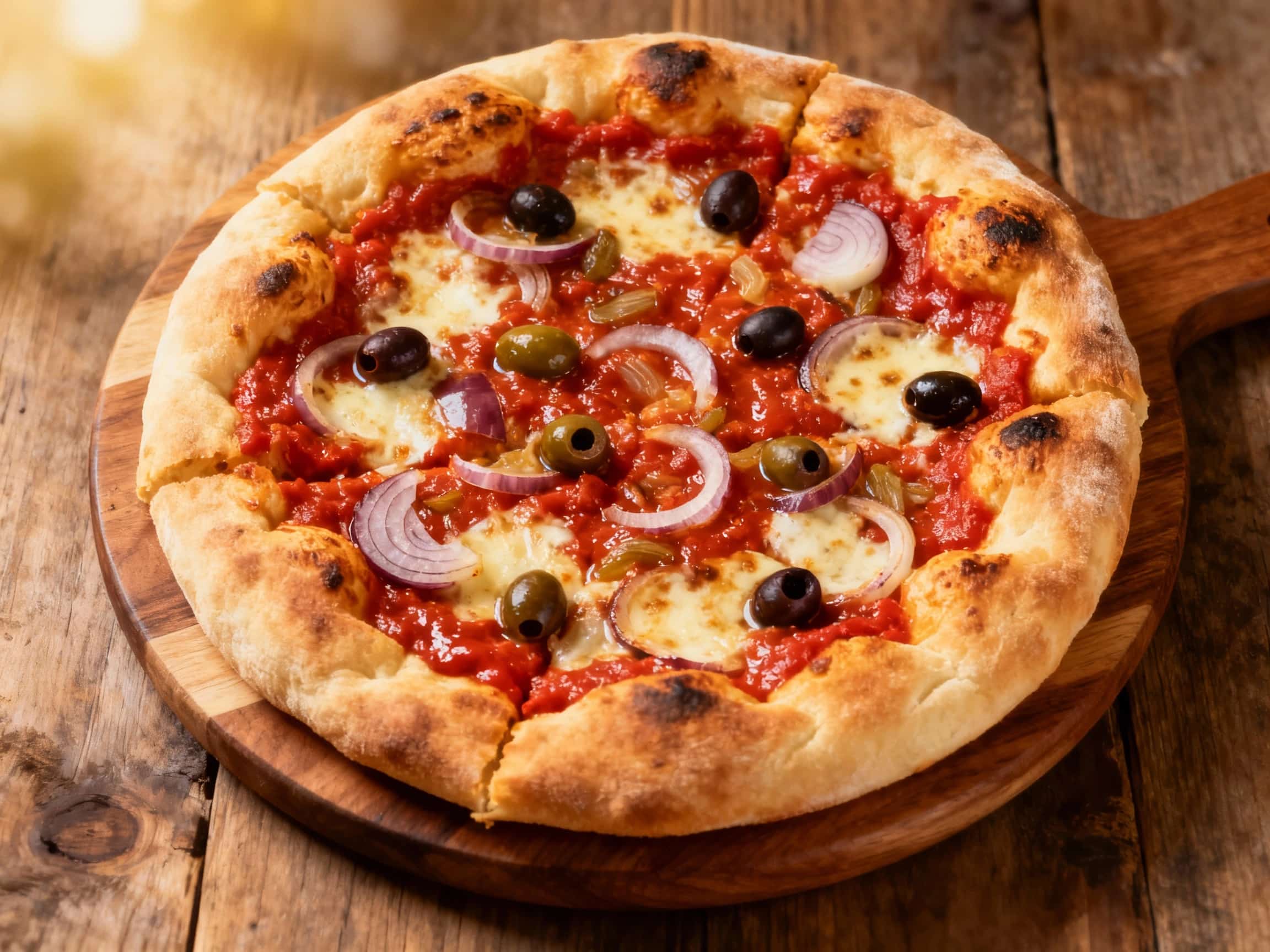A rustic Sicilian sfincione pizza, topped with rich tomato sauce, caramelized onions, anchovies, breadcrumbs, and oregano, rests on a wooden board, ready to be enjoyed.