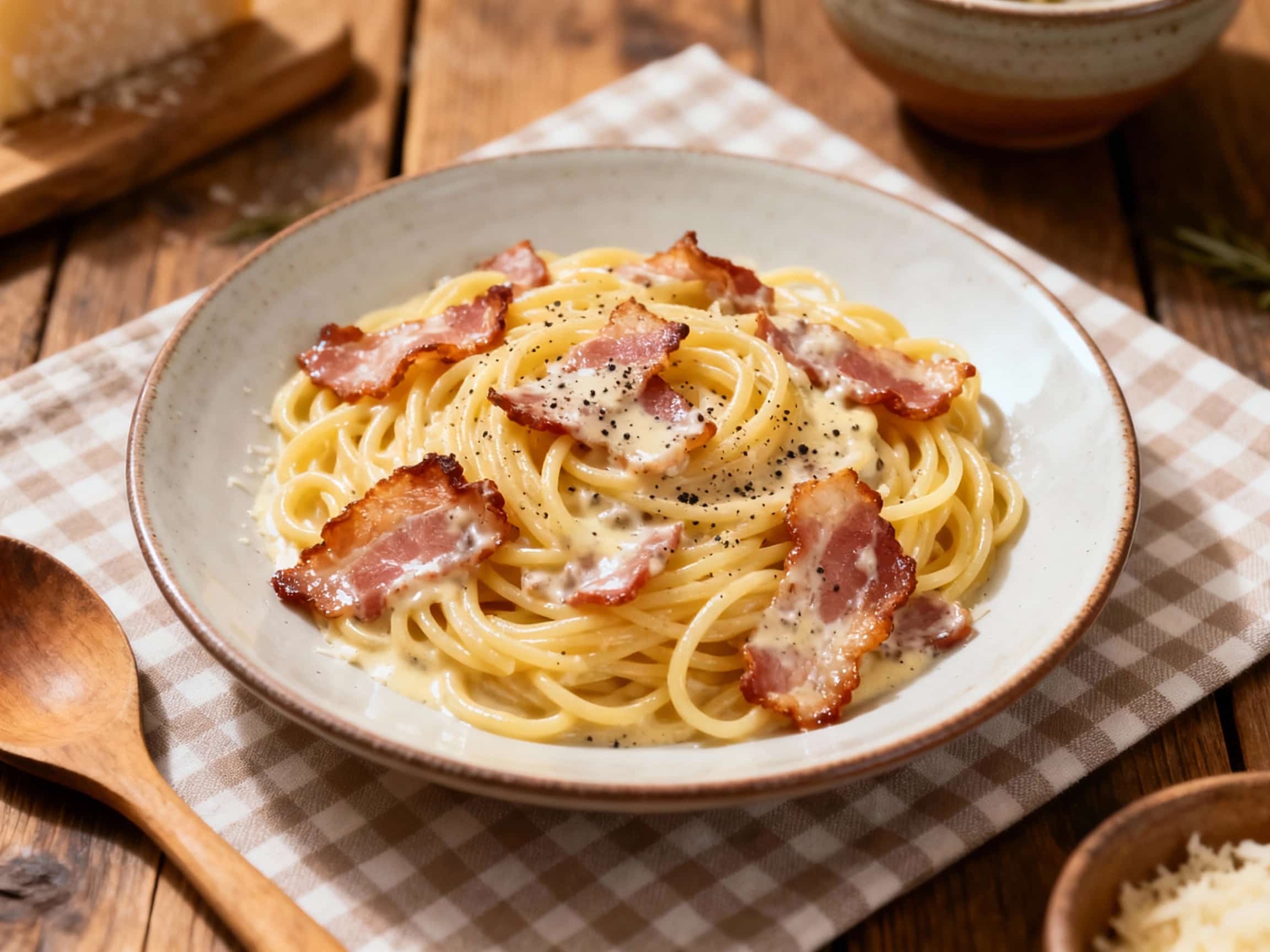A steaming bowl of spaghetti carbonara, glistening with creamy sauce and studded with crispy pancetta, is topped generously with freshly grated Parmesan cheese and a sprinkle of black pepper.