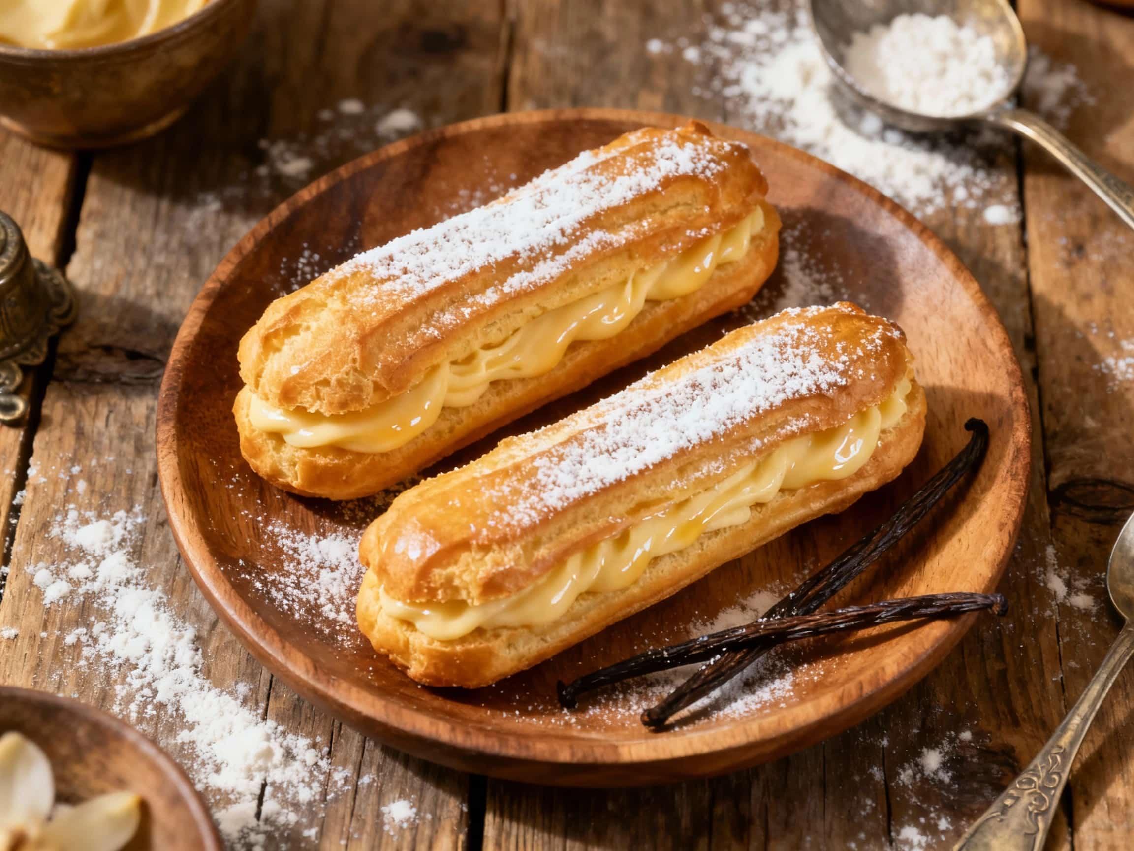 Golden brown baked éclairs filled with luscious vanilla cream and topped with a smooth, glossy chocolate glaze, presented elegantly on a white platter.
