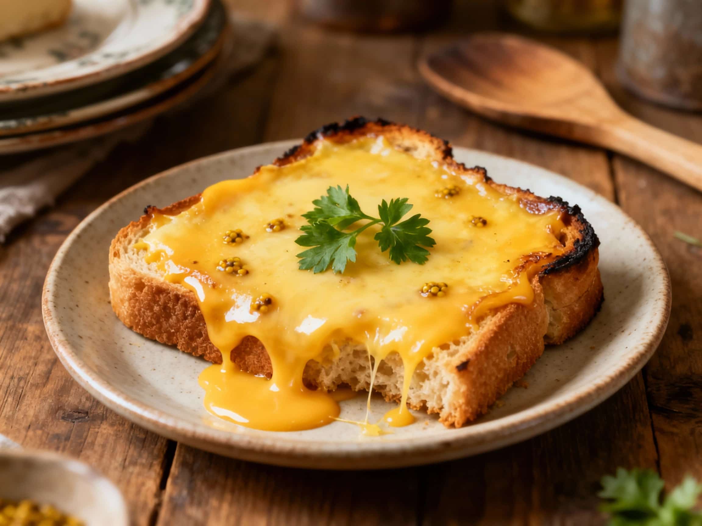 Golden-brown toast topped with a bubbling, cheesy, savory mixture, glistening under warm light, ready to be enjoyed.