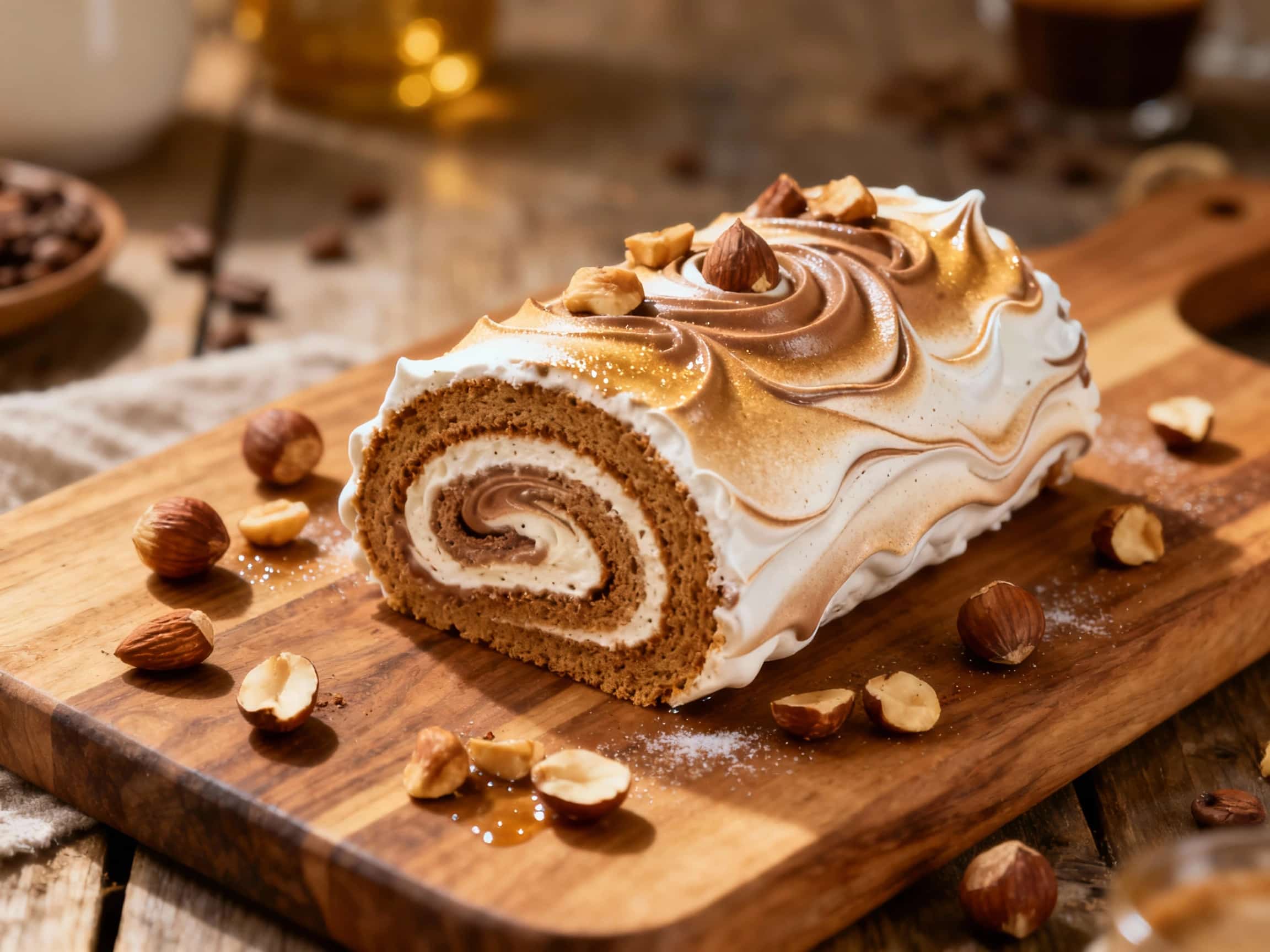 A light and airy coffee hazelnut meringue roulade, swirled with cream and sprinkled with toasted hazelnuts, sits elegantly on a white plate, bathed in soft, natural light.