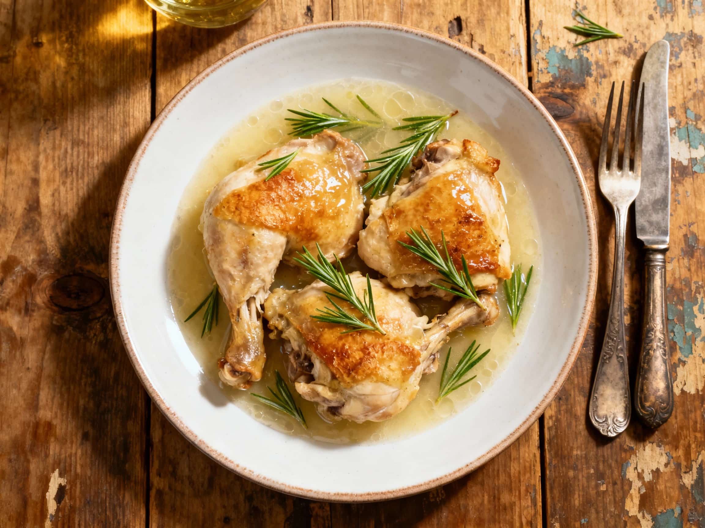 A rustic white wine coq au vin simmers in a cast iron pot, featuring tender chicken pieces in a creamy sauce with earthy mushrooms and fresh tarragon sprigs, evoking a comforting, savory aroma.